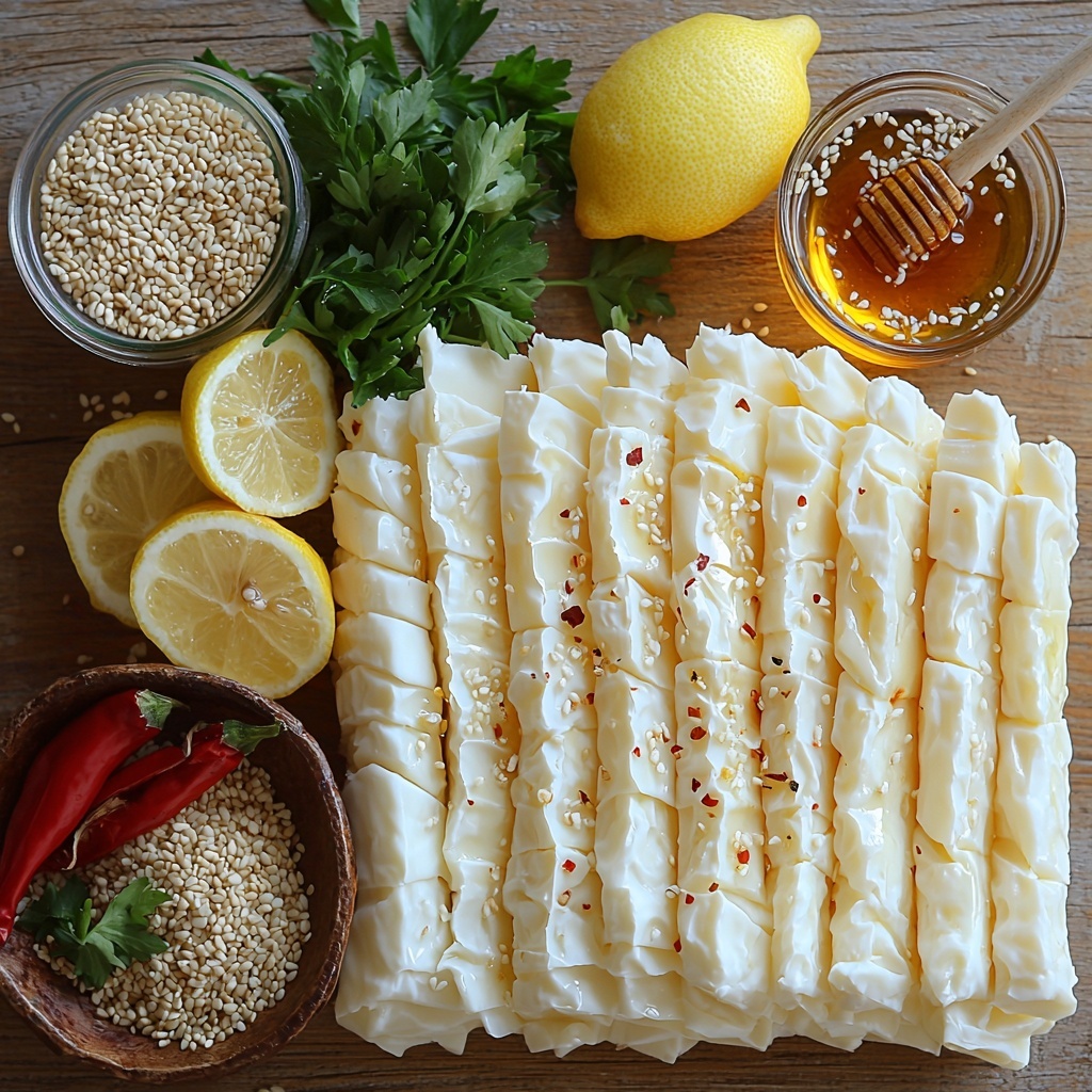 200g rectangular sticks of white feta cheese arranged neatly, golden melted butter in a small glass bowl with a spoon, six sheets of delicate, crinkled pale phyllo pastry fanned out on a clean light wooden surface, a small pile of glossy ivory sesame seeds sprinkled next to the butter, a small glass bowl with amber honey glistening under soft light, a bright red chili pepper finely chopped with some chili flakes sprinkled nearby, a fresh whole lemon with bright yellow zest curls and a small clear bowl of fresh lemon juice, scattered vibrant green chopped parsley leaves adding a pop of color. The ingredients are styled naturally but deliberately spaced to showcase varied textures – the crumbly feta, flaky phyllo, smooth butter and honey, glossy chili bits, and fresh herbs – all set on a minimal white or light grey background highlighting the colors and freshness. Soft natural light enhances textures and shadows for an inviting, appetizing look. Overhead shot, top down view, flat lay photography, professional food styling --ar 1:1 --q 2 --s 750 --v 6.1