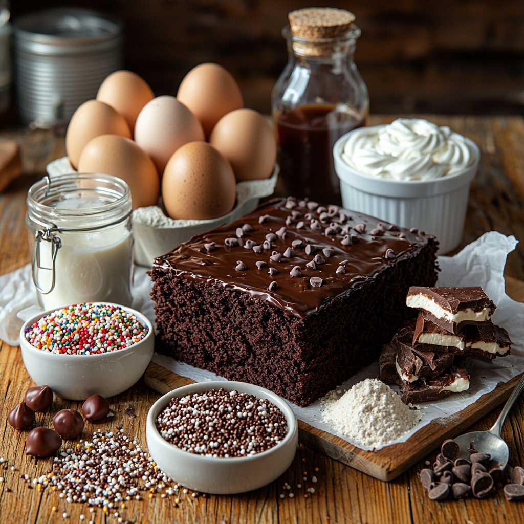 brownie mix box alongside eggs in a rustic carton, small glass bowl of oil, measuring cup with water, teaspoon of espresso powder in a tiny dish; smooth, softened cream cheese on a white ceramic plate, a bowl of granulated sugar with sparkling white crystals, three large brown eggs resting on a linen napkin, creamy sour cream in a clear glass bowl, vanilla extract bottle with amber liquid, small heap of all-purpose flour on parchment paper; glossy hot fudge sauce in a glass jar with a spoon, half cup of semisweet chocolate chips scattered beside it, airy whipped cream dollop in a white ramekin, vibrant rainbow and chocolate sprinkles in a mini white bowl, small piles of chopped nuts (pecans, walnuts, peanuts) on a wooden cutting board, bright red maraschino cherries arranged in a neat cluster; all ingredients carefully spaced on a clean light wooden surface, natural soft daylight illuminating textures and colors, subtle shadows adding depth, minimalistic and elegant styling, overhead shot, top down view, flat lay photography, professional food styling --ar 1:1 --q 2 --s 750 --v 6.1