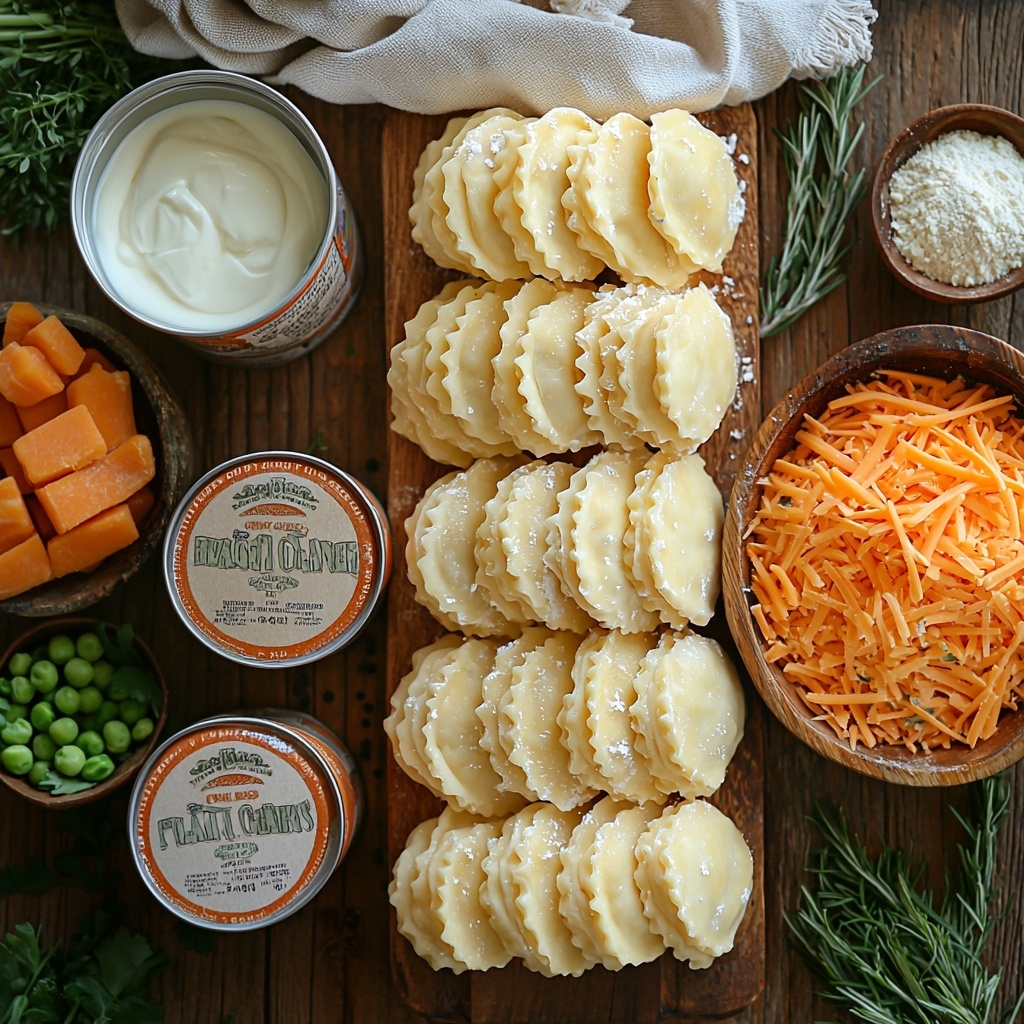 Frozen classic cheddar pierogies arranged in neat stacks with their pale golden dough and orange cheddar visible, two cans of unsalted cream of chicken soup with clean label design placed nearby, a smooth white container of sour cream with a silver lid open to reveal creamy texture, small wooden bowls holding onion powder, garlic powder, and black pepper showcasing fine powdered textures in light earth tones, a rustic bowl filled with tender, chopped cooked chicken pieces displaying juicy white and light brown hues, a small bowl of vibrant frozen mixed vegetables featuring bright green peas, orange carrots, and yellow corn, and a heap of shredded cheddar cheese exhibiting rich orange strands. All ingredients are artfully spaced out on a clean, light wooden surface with natural soft lighting that highlights the diverse textures and colors, subtle shadows adding depth, minimal props such as linen napkin folded casually to one side, and a few fresh herbs scattered gently to enhance freshness. Overhead shot, top down view, flat lay photography, professional food styling --ar 1:1 --q 2 --s 750 --v 6.1