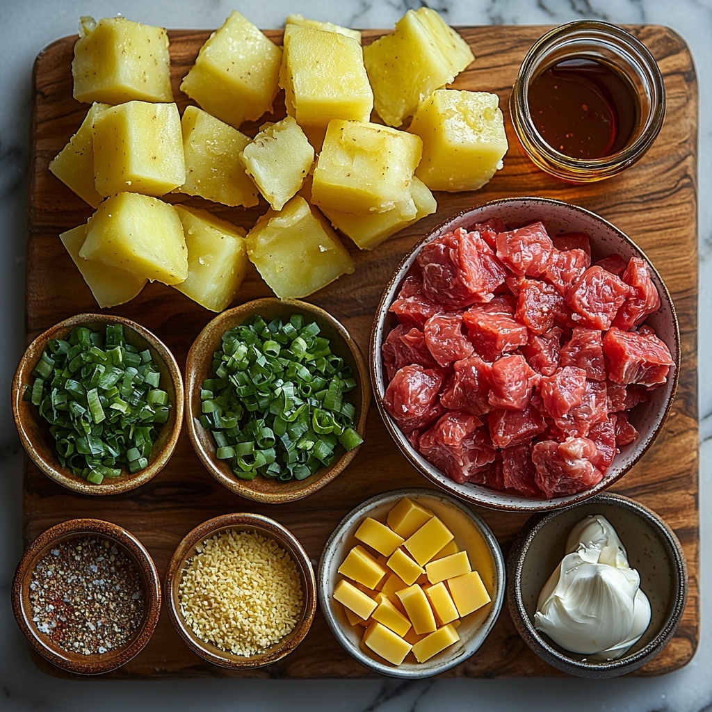 Ground beef raw in a small bowl, peeled russet potato cut into ½-inch cubes on a wooden board, small yellow onion diced in a neat pile, roughly chopped garlic cloves scattered organically, finely chopped green bell pepper in a bright green mound, a small dish with extra-virgin olive oil glistening, three small bowls arranged with spices: kosher salt crystals, smoked paprika deep red powder, dried oregano flakes, onion powder pale beige powder, a dollop of rich red tomato paste on a white ceramic spoon, smooth Dijon mustard in a tiny glass jar, dark glossy Worcestershire sauce in a small bowl, clear cup filled with golden chicken stock, half cup grated sharp cheddar cheese bright yellow and fluffy, thinly sliced green onions fanned out on a small plate, a dollop of creamy white sour cream on a spoon, a small glass container of fiery red hot sauce, all laid out neatly on a clean white marble surface with soft natural light highlighting the contrasting textures and vibrant colors, subtle shadows adding depth, minimal rustic props like a wooden spoon and linen napkin nearby for warmth, styled for inviting, fresh, and wholesome flat lay presentation, overhead shot, top down view, flat lay photography, professional food styling --ar 1:1 --q 2 --s 750 --v 6.1