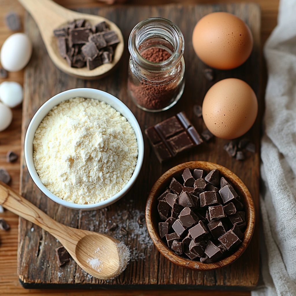 1 cup all-purpose flour in a small white ceramic bowl, 1/2 cup granulated sugar in a clear glass measuring cup, 1/2 cup unsweetened cocoa powder in a rustic wooden scoop, 1/2 cup unsalted butter cut into cubes on a slate serving board, 2 fresh brown eggs resting on a natural linen cloth, 1 teaspoon vanilla extract in a small glass vial with light reflecting off it, 1/2 teaspoon baking powder and 1/4 teaspoon salt each in tiny white porcelain spoons, 1 cup glossy semi-sweet chocolate chips scattered artfully beside a vintage silver spoon, all ingredients arranged neatly on a smooth, light wood surface with soft natural lighting highlighting the rich browns, creamy whites, and warm textures, minimal shadows, styled with rustic kitchen props like a wooden spatula and measuring spoons to enhance visual interest, clean composition with balanced spacing, overhead shot, top down view, flat lay photography, professional food styling --ar 1:1 --q 2 --s 750 --v 6.1