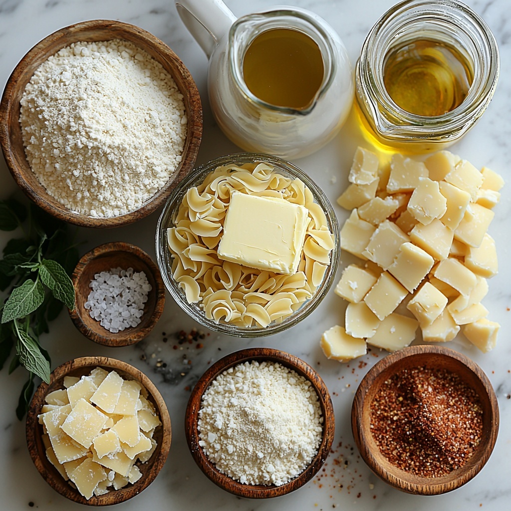 butter in a small glass dish with a creamy, soft texture, all-purpose flour in a rustic ceramic bowl with a fine powdery surface, a clear glass measuring cup filled with water, a white ceramic pitcher holding fresh milk, uncooked elbow pasta scattered loosely with a smooth curved shape and pale yellow tone, small wooden bowls containing garlic powder and ground mustard with fine gritty textures, a small pile of salt crystals next to ground black pepper powder with a dark speckled appearance, three types of cheeses arranged separately: sharp white cheddar in shredded chunks with a rich creamy color, Parmesan cheese in thin flakes with a slightly granular look, mozzarella cheese torn into small soft pieces with a milky white shade, a small bowl of golden panko breadcrumbs mixed with paprika visible as reddish specks, a small glass container of olive oil with a glossy, translucent amber hue; all ingredients are arranged neatly on a clean white marble surface, styled with natural soft light creating gentle shadows and highlights to emphasize textures, minimalistic and balanced composition with small sprigs of fresh herbs like parsley for a pop of green, a subtle rustic kitchen towel folded casually nearby adding warmth and contrast, overhead shot, top down view, flat lay photography, professional food styling --ar 1:1 --q 2 --s 750 --v 6.1