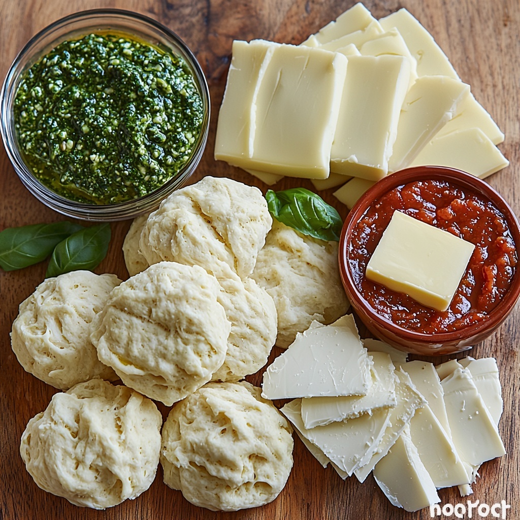 16 ounces biscuit dough from a tube, creamy off-white with soft, folded layers; 4 mozzarella string cheese sticks cut into quarters, smooth and pale white with a slightly stretchy texture; 1/2 cup vibrant green pesto in a small rustic bowl, showing fresh basil leaves and pine nuts texture; a small pat of golden melted butter in a glass container; 1 cup warm marinara sauce in a deep red ceramic ramekin, slightly glossy with visible herbs; ingredients neatly arranged on a clean, light wooden surface, biscuit dough pieces fanned out around the pesto bowl, cheese quarters placed symmetrically alongside, butter container and ramekin of sauce positioned evenly to create balance; natural soft daylight illuminating the scene, gentle shadows adding depth, accentuating textures and colors; calming, earthy tones with pops of vibrant green and rich red for contrast, minimal props to keep focus on fresh ingredients -- overhead shot, top down view, flat lay photography, professional food styling --ar 1:1 --q 2 --s 750 --v 6.1