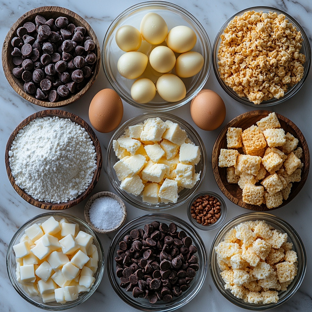 softened unsalted butter in a small glass bowl, granulated white sugar and packed brown sugar in separate ceramic bowls, two large fresh eggs with smooth shells, a small glass jar of rich amber vanilla extract, mounds of all-purpose flour with a dusting texture, baking soda and salt in tiny white porcelain spoons, a rustic wooden bowl filled with chopped toasted hazelnuts showing golden brown textures, a clear bowl overflowing with glossy semi-sweet chocolate chips, a neat pile of crushed golden cornflakes displaying crisp flakes, all ingredients evenly spaced and artfully arranged on a clean white marble surface to highlight their natural colors and textures, soft natural lighting emphasizing the warm tones and subtle shadows, minimalistic styling with a few scattered hazelnuts and cornflake crumbs for organic feel, overhead shot, top down view, flat lay photography, professional food styling --ar 1:1 --q 2 --s 750 --v 6.1
