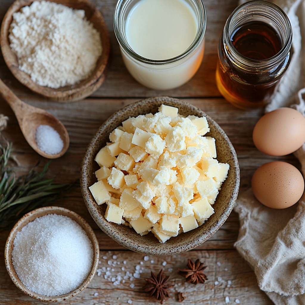 softened unsalted butter in a small rustic ceramic bowl, granulated sugar piled neatly beside it, 1 ½ cups all-purpose flour in a glass measuring cup with a small wooden scoop resting on top, a cluster of warm brown ground cinnamon and a light dusting of salt in tiny white porcelain dishes, 1 teaspoon baking powder in a small clear glass bowl, two large brown eggs cracked open showing bright golden yolks in a shallow bowl, a small glass pitcher of creamy milk, a jar of rich amber pure maple syrup with a silver spoon inside, a small bottle of vanilla extract with a cork stopper, all ingredients arranged neatly on a clean light wooden surface with soft natural light casting gentle shadows, neutral linen napkin folded casually beside, minimalistic and airy styling emphasizing warm tones and varied textures of dry and wet ingredients, overhead shot, top down view, flat lay photography, professional food styling --ar 1:1 --q 2 --s 750 --v 6.1