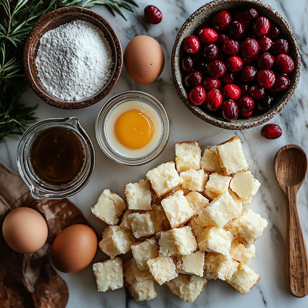 A clean white marble surface with the main ingredients for Cranberry Eggnog Doughnut Bread Pudding carefully arranged in a harmonious flat lay composition. Four fresh brown eggs in a small rustic ceramic bowl with one cracked open showing bright yellow yolk. A clear glass measuring cup filled with creamy pale beige eggnog beside a small white ramekin containing melted golden butter. A small glass bowl of light amber vanilla extract and a tiny dish with freshly ground nutmeg powder, finely textured and warm brown in color. A neat pile of golden, slightly shiny stale glazed yeast doughnut cubes with light crust edges, arranged beside a bowl of vibrant red fresh cranberries with glossy skins. A small white bowl of fine white granulated sugar and a sifter with delicate white powdered sugar dusted lightly around, creating a soft, snowy effect on the surface. Soft natural window light from the side enhances the warm tones and textures, casting gentle shadows. Minimalist styling with a few neutral linen napkins and wooden utensils to add rustic charm. Overhead shot, top down view, flat lay photography, professional food styling --ar 1:1 --q 2 --s 750 --v 6.1