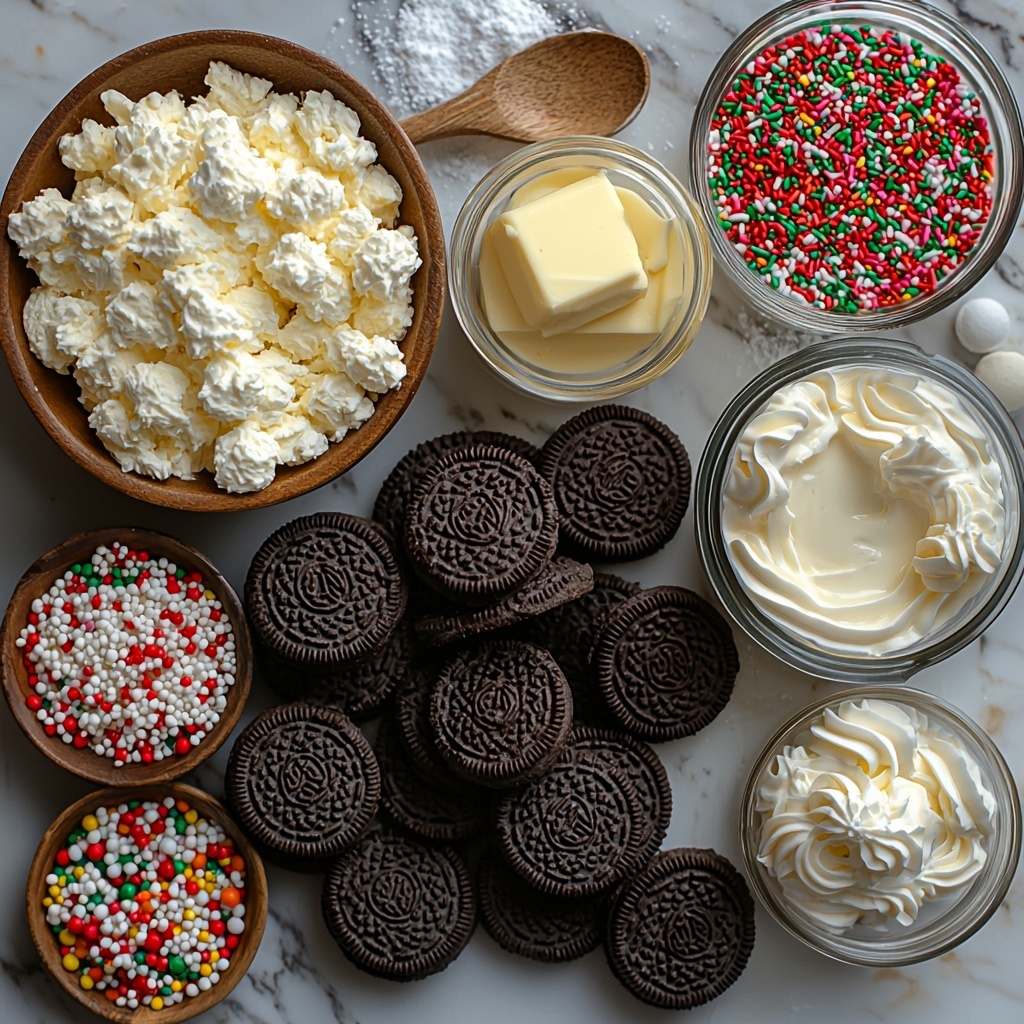 vanilla Oreo cookies whole and crushed in small bowls showing dark chocolate cookie texture with creamy white filling, melted golden butter in a small glass bowl, smooth cream cheese block and a bowl of softened cream cheese showing creamy texture, powdered sugar in a white ceramic dish with fine snowy texture, colorful holiday sprinkles scattered and in a small bowl with red, green, white, and gold hues, fluffy white whipped topping in containers and a dollop in a clear bowl, cheesecake instant pudding mix packet and a mixing bowl with pale yellow pudding mixture, cold milk in a glass measuring cup with condensation, all ingredients neatly arranged on a clean white marble surface with soft natural light casting gentle shadows, minimalistic rustic props like a wooden spoon and linen napkin placed artfully nearby, emphasis on contrasting textures and vibrant festive colors, bright and airy mood, crisp focus on each ingredient emphasizing freshness and richness, overhead shot, top down view, flat lay photography, professional food styling --ar 1:1 --q 2 --s 750 --v 6.1