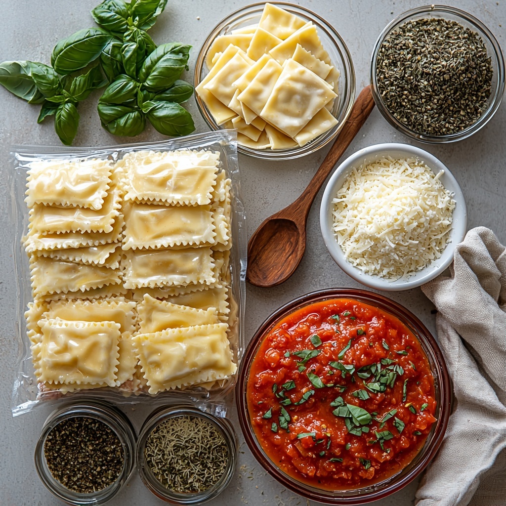 A clean, bright white surface with all main ingredients for a baked ravioli dish neatly arranged for flat lay photography: a large clear glass bowl filled with smooth, tomato-red pasta sauce showing slightly textured chunks of herbs; a rustic wooden spoon resting beside it with a dollop of sauce; a 24oz bag of frozen cheese ravioli, the ravioli pieces visible through the partially open bag, showcasing their crimped edges and pale ivory dough with cheese filling peeking through; a small white ceramic bowl piled high with heaping, finely shredded mozzarella cheese in soft white strands; and a small ramekin of finely grated parmesan cheese with a slightly grainy texture, pale yellow in color. The ingredients are spaced evenly apart in a visually balanced, symmetrical composition, accented by natural daylight creating soft shadows and gentle highlights on the textures. The styling is minimal and clean, evoking freshness and simplicity with subtle props like a linen napkin folded nearby and a light scattering of fresh basil leaves for a pop of green color. Overhead shot, top down view, flat lay photography, professional food styling --ar 1:1 --q 2 --s 750 --v 6.1