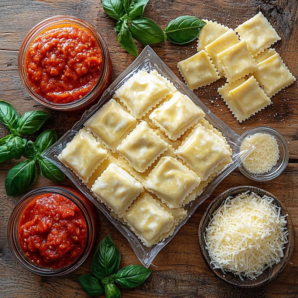 frozen cheese ravioli in a clear bag with visible cheese filling, a glass jar of vibrant red pasta sauce with textured tomato chunks, a heaping bowl of shredded mozzarella cheese showing soft, fluffy white curls, alongside a small bowl of finely shredded parmesan cheese with a slightly crumbly texture; all ingredients neatly arranged on a clean, light wooden surface with natural warm tones, garnished with a few fresh basil leaves for color contrast; soft natural lighting emphasizing the glossy sauce, the delicate texture of the ravioli, and the airy cheese, minimal shadows, clean and inviting composition with space between each element to highlight individual textures and colors, rustic yet modern styling, overhead shot, top down view, flat lay photography, professional food styling --ar 1:1 --q 2 --s 750 --v 6.1
