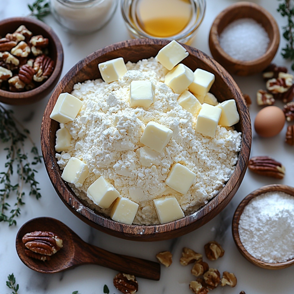 all-purpose flour in a small wooden bowl with some scattered loose flour around it, a tiny ceramic dish of salt nearby, cold cubed unsalted butter with visible chilled edges on a vintage butter knife, granulated sugar in a clear glass ramekin catching soft light, a small clear bowl with cold water reflecting subtle highlights; melted unsalted butter in a small copper saucepan showing warm golden tones, a rustic bowl filled with rich brown sugar highlighting its moist texture, a glass bottle of amber corn syrup with sticky drips on the rim, two large fresh eggs with smooth shells placed next to a small vanilla bean pod, a small white ceramic spoon holding vanilla extract, a pinch bowl with salt crystals; a small wooden bowl containing glossy raisins, and a handful of chopped pecans and walnuts scattered lightly nearby; all ingredients arranged thoughtfully on a clean white marble surface with natural soft daylight casting gentle shadows, styled with fresh sprigs of thyme and a linen napkin partially visible for warmth and texture, minimalist and inviting composition, overhead shot, top down view, flat lay photography, professional food styling --ar 1:1 --q 2 --s 750 --v 6.1