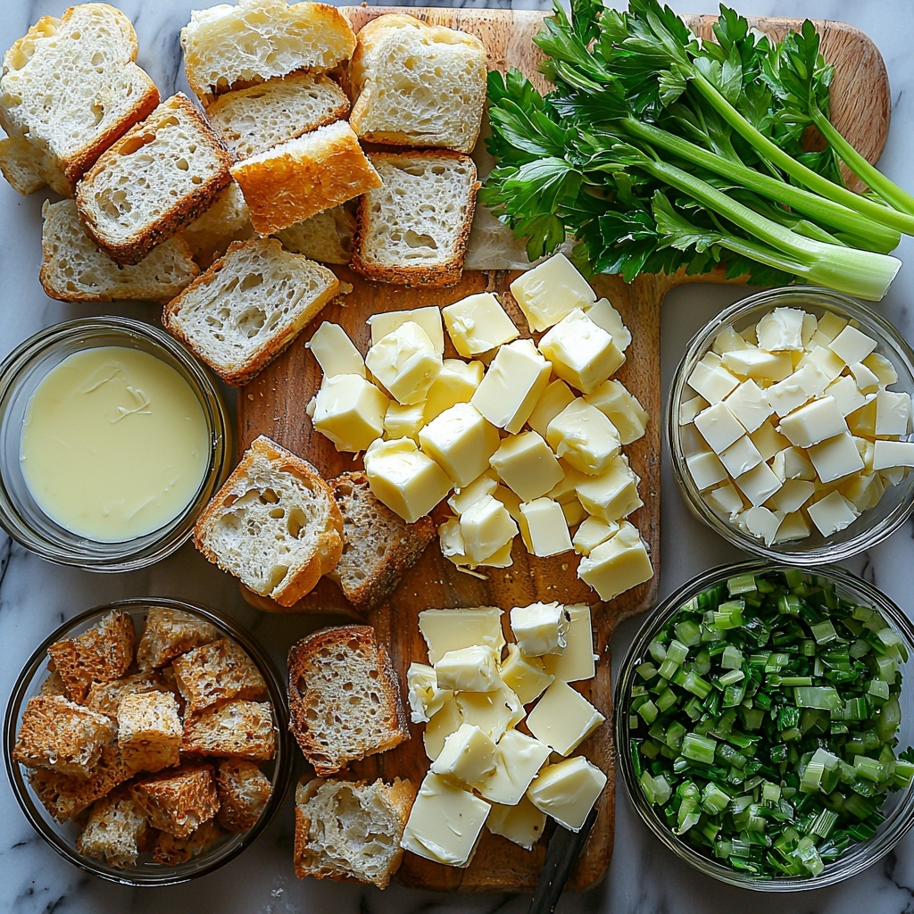 Day-old bread cubes, white and sourdough varieties, rustic and lightly toasted with rough, crumbly textures scattered loosely; a small glass bowl of melted golden butter with a silky sheen; finely diced yellow onion pieces, translucent and bright; chopped celery stalks, fresh green with crisp edges; fresh parsley sprigs and chopped leaves in a vibrant deep green; small bowls containing poultry seasoning—fine brownish-green herb blend, salt and coarse black peppercorns; a clear glass cup with pale amber chicken broth showing subtle reflections; a large whole brown egg with smooth shell placed beside a whisked egg bowl with slightly frothy pale yellow mixture. All ingredients are neatly arranged on a clean white marble surface with soft natural light creating gentle shadows to emphasize textures and colors. Minimalist styling with small bowls and utensils, a light linen napkin folded softly at the corner for warmth. Overhead shot, top down view, flat lay photography, professional food styling --ar 1:1 --q 2 --s 750 --v 6.1