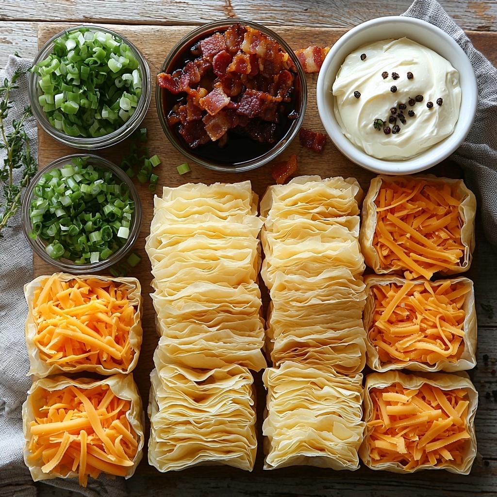 Cream cheese in a small white bowl with smooth, creamy texture; shredded sharp cheddar cheese in a neat heap, bright orange-yellow strands; diced green onions scattered artistically, vibrant green and white pieces adding freshness; crispy cooked bacon crumbles piled in a rustic small dish, rich reddish-brown color with glossy texture; a neat stack of golden mini phyllo pastry cups showing delicate flaky layers; a small glass bowl of dark brown Worcestershire sauce with a glossy surface; coarse sea salt crystals and freshly cracked black peppercorns sprinkled lightly on the clean, light wooden surface; ingredients thoughtfully spaced to highlight contrasting colors and textures, with soft natural lighting casting gentle shadows; minimalistic styling with a few sprigs of green onion for accent and a rustic linen napkin folded casually on the side. Overhead shot, top down view, flat lay photography, professional food styling --ar 1:1 --q 2 --s 750 --v 6.1