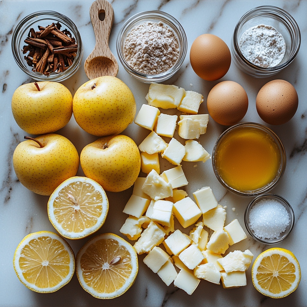 a beautifully styled flat lay of gluten free apple cake ingredients arranged on a clean white marble surface: 1 1/2 pounds of fresh baking apples, whole and sliced to reveal crisp textures and soft pale yellow flesh; small piles of warm brown ground cinnamon and a tiny scattering of nutmeg powder; a halved lemon with vibrant yellow flesh and a small clear glass bowl of freshly squeezed lemon juice; a neat heap of off-white all purpose gluten free flour blend; a small mound of fine white xanthan gum powder; teaspoon measuring spoons containing light beige baking powder and coarse kosher salt crystals; a rustic cube of unsalted butter at room temperature showcasing creamy pale yellow softness; a gleaming white cup filled with granulated sugar sparkling under natural light; two smooth, brown speckled eggs resting gently on the surface; a glass bottle with golden pure vanilla extract glistening inside. The ingredients are thoughtfully spaced with small wooden spoons and measuring cups placed naturally to add warmth. Soft natural lighting creates gentle shadows emphasizing the varied textures—the powdery flour, glossy eggshells, fibrous apple skin, and silky butter—resulting in an inviting, clean, and warm autumnal palette. Overhead shot, top down view, flat lay photography, professional food styling --ar 1:1 --q 2 --s 750 --v 6.1