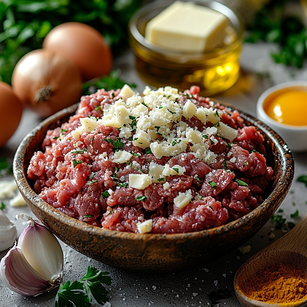ground beef in a rustic ceramic bowl, golden breadcrumbs in a small glass jar, finely grated Parmesan cheese piled on a wooden spoon, a large onion finely chopped with white and light purple layers visible, three garlic cloves whole and peeled, a small bunch of fresh bright green parsley with finely chopped sprigs beside it, a cracked large egg showing yolk and white in a clear glass bowl, white ceramic spoon holding salt, another spoon with coarse black pepper, dried thyme and onion powder in tiny white porcelain dishes, a small clear glass measuring cup filled with rich dark beef broth, shredded Gruyère cheese with pale yellow curls on a white plate, a shiny glass bottle of golden olive oil with a spout, a square piece of creamy yellow butter on a wooden butter board, all ingredients carefully spaced on a clean bright white surface, natural soft diffused lighting highlighting the varied textures from smooth beef, crumbly cheese, to glossy oil and fresh herbs, subtle shadows adding depth, minimal props to keep focus on colors and shapes, arranged with balanced composition and delicate layering for inviting visual harmony, overhead shot, top down view, flat lay photography, professional food styling --ar 1:1 --q 2 --s 750 --v 6.1