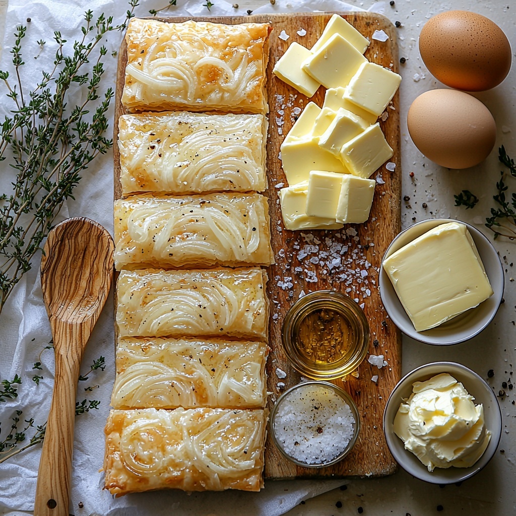 puff pastry sheets folded neatly on a clean white surface, thinly sliced golden yellow onions fanned out beside a small skillet with caramelized, glossy deep amber onions, a wooden spoon resting nearby, a small bowl of shredded pale yellow Gruyère cheese, a sprig of fresh green thyme leaves casually placed next to the cheese, a rustic butter block and a small glass bowl of golden olive oil, a cracked large brown egg with a beaten yolk in a small white ramekin, tiny piles of coarse salt and cracked black pepper arranged artfully on the side, natural soft lighting highlighting the warm tones and varied textures, minimalistic and airy composition, subtle shadows, clean background enhancing the colors and details, overhead shot, top down view, flat lay photography, professional food styling --ar 1:1 --q 2 --s 750 --v 6.1
