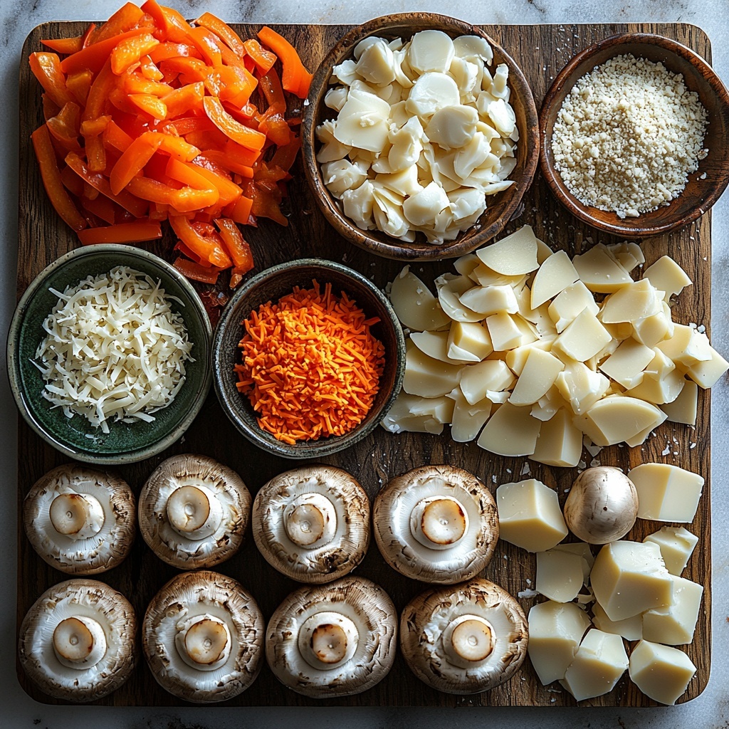 A clean white marble surface neatly arranged with the main ingredients for crab stuffed mushrooms: 24 fresh white button mushrooms with smooth caps and stems removed placed in a loose cluster, a small clear glass bowl filled with finely chopped bright orange-red red bell pepper, another small bowl with finely chopped translucent white onion, a small mound of delicate white crab claw meat with flaky texture on a rustic wooden dish, a neat pile of shredded pale yellow Gruyere cheese showcasing fine strands, a tiny porcelain spoon holding light beige seasoned panko breadcrumbs with a slightly coarse texture, a small ramekin of golden yellow Old Bay seasoning powder, a pinch bowl with fine off-white garlic powder, and a black pepper mill and salt crystals scattered lightly for contrast. Soft natural lighting enhances the vivid colors and subtle textures, gentle shadows add depth, minimalistic styling with space between elements for clarity and balance. Overhead shot, top down view, flat lay photography, professional food styling --ar 1:1 --q 2 --s 750 --v 6.1
