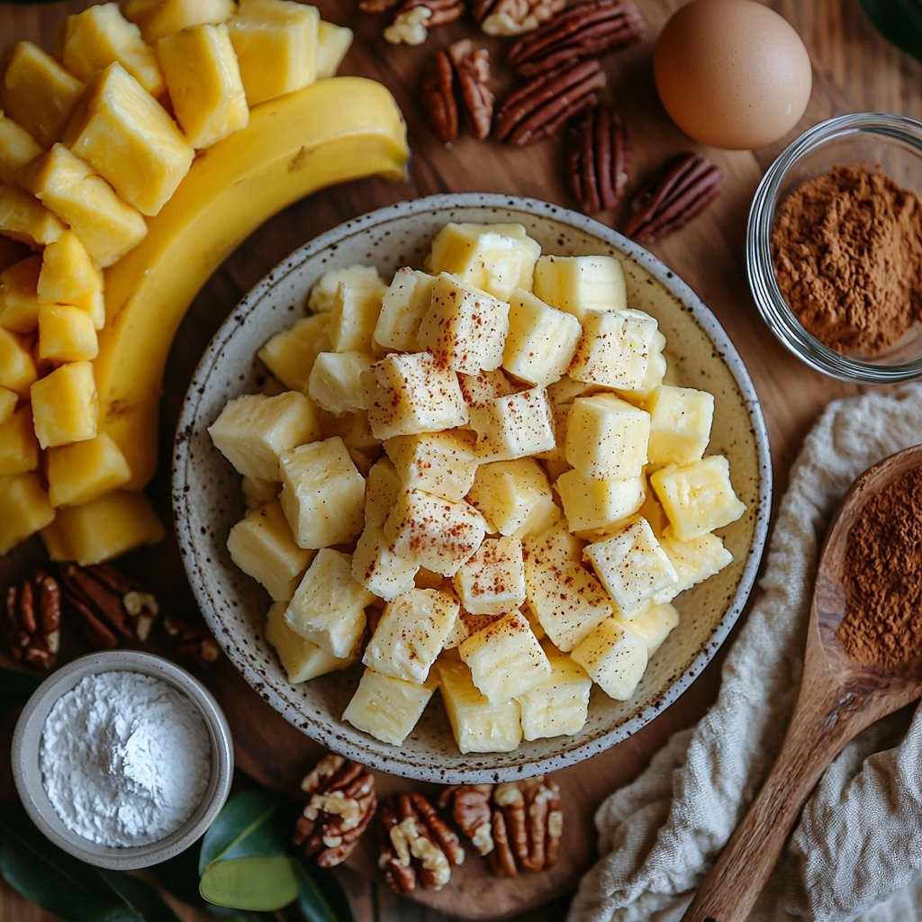 Chopped pecans in a small rustic bowl with some scattered loosely around, a mound of all-purpose flour on a white ceramic plate with a small wooden scoop resting beside it, cinnamon and allspice powders in tiny clear glass bowls showing warm brown and golden hues, a large bunch of ripe bananas with a few peeled to reveal creamy yellow flesh, a small white bowl filled with crushed pineapple glistening with juice, three brown eggs arranged neatly with smooth glossy shells, a clear glass measuring cup filled with amber vegetable oil, two small piles of light and dark brown sugar on a natural linen cloth showcasing their crystalline textures, a small white dish holding pure vanilla extract with a delicate spoon, a block of full-fat cream cheese with a smooth surface on a wooden cutting board, a half cup of softened unsalted butter presented on parchment paper with creamy softness visible, a mound of fluffy white confectioners’ sugar on a matte ceramic plate, and a pinch of fine salt in a tiny wooden salt cellar; all ingredients carefully spaced and styled on a clean, light wood surface with soft natural light casting gentle shadows, subtle props like a whisk and measuring spoons included for context, emphasizing warm earthy tones and creamy textures, minimalistic and balanced composition with negative space to highlight each element—overhead shot, top down view, flat lay photography, professional food styling --ar 1:1 --q 2 --s 750 --v 6.1
