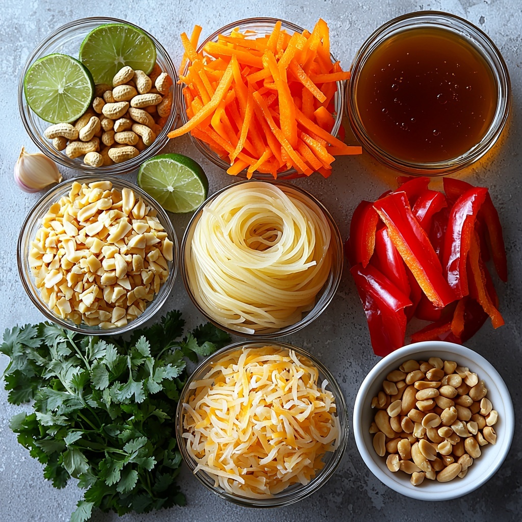 Rice noodles coiled loosely in a small heap, smooth and pale white; a small bowl of creamy smooth peanut butter with a glossy surface; bright red bell pepper strips arranged neatly in a fan shape; vibrant orange julienned carrot sticks stacked next to the peppers; three cloves of garlic, peeled and minced, scattered lightly; a small glass measuring cup with golden chicken broth; a small dish of shiny dark soy sauce; cornstarch powder in a tiny white bowl, fine and chalky; a wedge of fresh lime with bright green rind and juicy interior; a drizzle of golden honey pooling slightly on a white porcelain dish; a small spoonful of vivid red sriracha sauce; a heap of finely ground light brown ginger powder; roughly chopped fresh cilantro leaves with bright green color; quarter cup of chopped peanuts showing coarse texture and tan color; sliced green onions with bright green and white rings. All items are arranged artfully with balanced spacing and contrasting colors on a clean white textured surface, natural soft light casting delicate shadows, minimal props, styled for clarity and freshness, emphasizing texture and color vibrancy, modern professional food photography style, overhead shot, top down view, flat lay photography, professional food styling --ar 1:1 --q 2 --s 750 --v 6.1