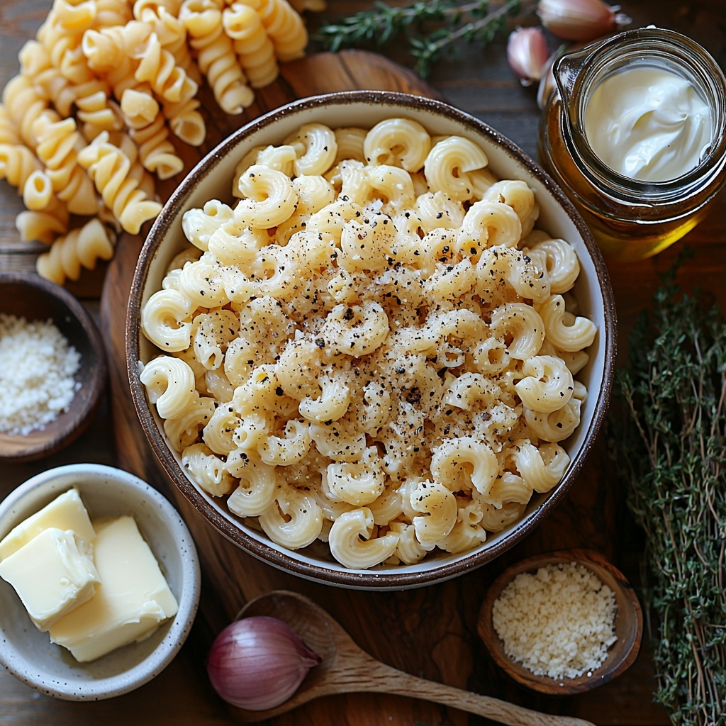 12 ounces uncooked elbow macaroni in a small white ceramic bowl, three large yellow onions thinly sliced arranged fanned out on a wooden cutting board, two tablespoons golden olive oil in a small glass pourer, three tablespoons soft butter on a rustic butter knife, two cloves peeled garlic minced finely on a small white dish, three tablespoons all-purpose flour in a neat pile on a white ceramic plate, two cups clear vegetable broth in a glass measuring cup, two cups whole milk in a vintage milk jar, half cup heavy cream in a small glass bowl, shredded Gruyère cheese in a heap with its pale yellow color and smooth texture, sharp cheddar cheese shredded in a bright deep orange pile, shredded mozzarella cheese in a fluffy white mound, one teaspoon fine salt sprinkled near a small wooden spoon, half teaspoon coarse black peppercorns in a clear tiny bowl, fresh green thyme sprigs loosely scattered for a pop of color, one cup golden crispy breadcrumbs in a clear glass bowl, half cup finely grated Parmesan cheese with a slightly grainy texture on a neutral stone slab. All ingredients arranged neatly with ample negative space on a clean white surface, balanced composition emphasizing natural colors and varied textures. Soft natural light casting gentle shadows, subtle highlights enhancing creaminess and freshness, minimalist styling with rustic props, small linen napkin folded at the corner. Overhead shot, top down view, flat lay photography, professional food styling --ar 1:1 --q 2 --s 750 --v 6.1