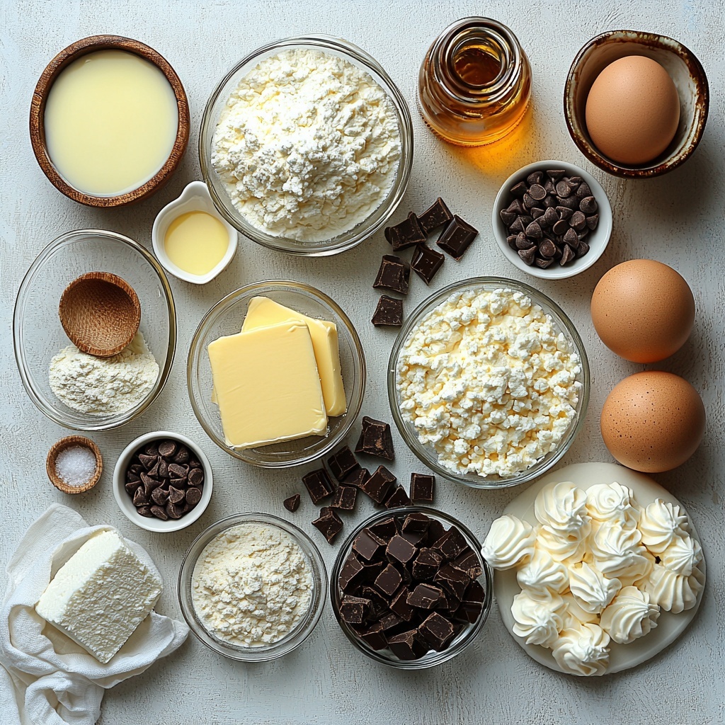 A clean, bright flat lay arrangement of the main ingredients for Boston Cream Pie Cheesecake on a smooth white surface. Include a small bowl of golden salted butter at room temperature, granulated white sugar in a neat heap, a small glass bowl of creamy pale sour cream, a glass bottle of rich vanilla extract with a wooden cap, two large white eggs and two separated egg yolks in small white ramekins, a pile of fine all-purpose flour and a small mound of cornstarch side by side, a tiny bowl of white baking powder, a measuring cup filled with creamy milk, a small glass bowl of clear water, two bowls of glossy semi-sweet chocolate chips in dark brown hues, a bowl of thick, white heavy whipping cream, a large block of smooth cream cheese with a subtle sheen, and a few tablespoons of shiny amber corn syrup in a small clear glass dish. Arrange the ingredients aesthetically spaced and balanced, with pastel kitchen linens softly folded on one edge, a wooden mixing spoon and a metal whisk casually placed nearby. Gentle natural light casts soft shadows emphasizing the textures—creamy, powdery, glossy, and smooth—creating a fresh and inviting scene. overhead shot, top down view, flat lay photography, professional food styling --ar 1:1 --q 2 --s 750 --v 6.1
