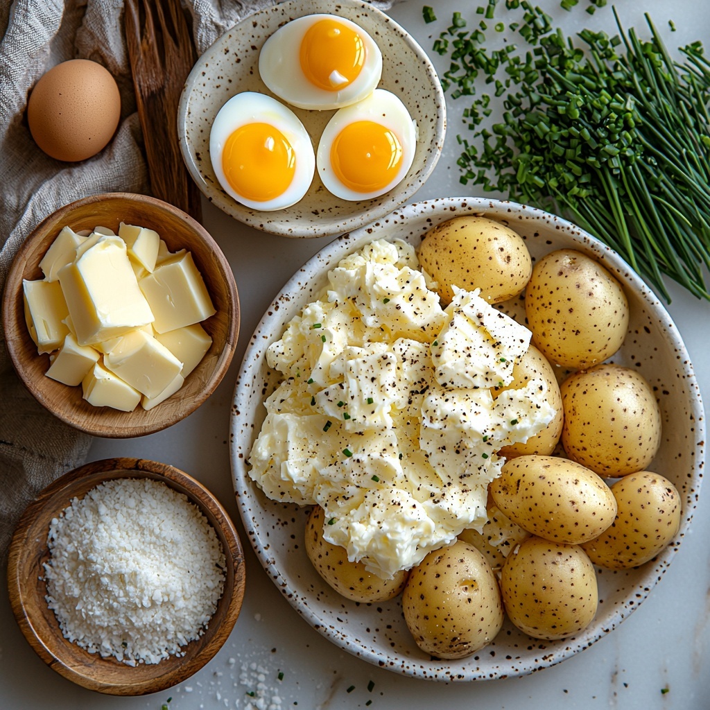 Russet and Yukon gold potatoes whole and peeled, a small bowl of unsalted butter partially melted with creamy texture, a small bowl of warm heavy cream with smooth surface, a pile of finely grated Parmesan cheese with fluffy texture, a teaspoon of coarse salt and a small sprinkle of sea salt flakes, a small heap of freshly ground black pepper, three bright orange large egg yolks in a shallow white dish, a small bunch of fresh chopped chives and parsley with vibrant green color scattered gently, all ingredients neatly arranged in a circular pattern on a clean white marble surface highlighting natural colors and textures, soft natural lighting emphasizing the creamy, buttery, and rustic qualities, subtle shadows adding depth, delicate touches of wooden utensils and a linen napkin casually placed to enhance warmth and home-cooked appeal, overhead shot, top down view, flat lay photography, professional food styling --ar 1:1 --q 2 --s 750 --v 6.1