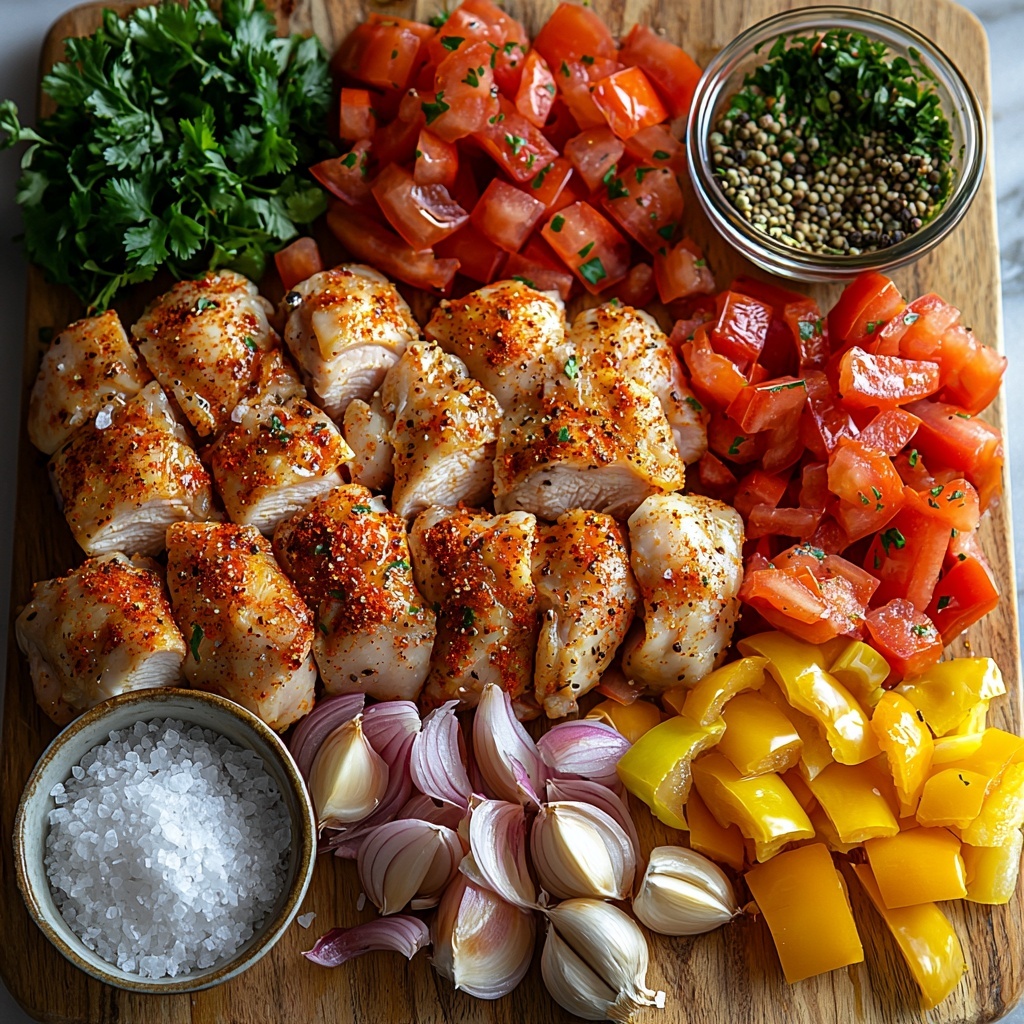 bone-in skin-on chicken thighs with golden skin, halved fresh onion with translucent layers, peeled garlic cloves and minced garlic in a small bowl, vibrant red and yellow bell pepper slices arranged in a fan shape, fresh whole tomatoes and a small bowl of diced tomatoes, a small pile of ground cumin, bright red paprika powder, a pinch of cayenne or red pepper flakes on a white ceramic spoon, fresh cilantro sprigs and parsley leaves scattered delicately, coarse salt crystals and freshly ground black peppercorns in tiny bowls, a small glass container of golden cooking oil, all laid out neatly on a large clean white marble surface enhancing the vivid colors and natural textures of the ingredients, soft natural lighting creating gentle shadows and highlights to emphasize freshness and detail, minimalist styling with ample negative space for a modern look, subtle rustic accents like a wooden spoon and linen napkin placed nearby, overhead shot, top down view, flat lay photography, professional food styling --ar 1:1 --q 2 --s 750 --v 6.1