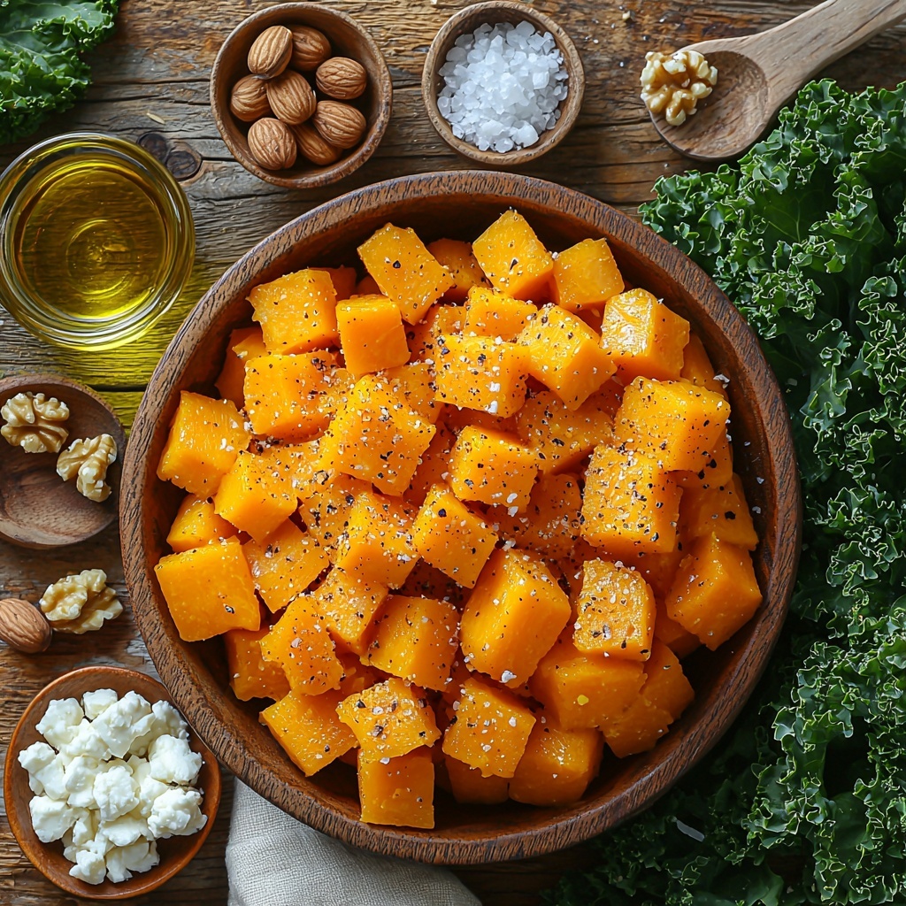 butternut squash cubes in warm orange tones arranged in a small rustic bowl, glistening with olive oil; vibrant fresh baby kale leaves spread nearby showing deep green hues with textured veins; a small pile of golden-brown walnuts with rough, crinkled shells; bright red dried cranberries scattered artfully; crumbled creamy white feta cheese in a delicate heap; two small glass bowls with golden olive oil and pale yellow lemon juice; teaspoons of coarse salt and cracked black pepper in small white porcelain spoons; all ingredients carefully spaced on a clean light wooden surface with natural soft daylight creating gentle shadows, emphasizing rich colors and varied textures, styled with minimal linen napkin and a wooden spoon to add warmth and authenticity, overhead shot, top down view, flat lay photography, professional food styling --ar 1:1 --q 2 --s 750 --v 6.1