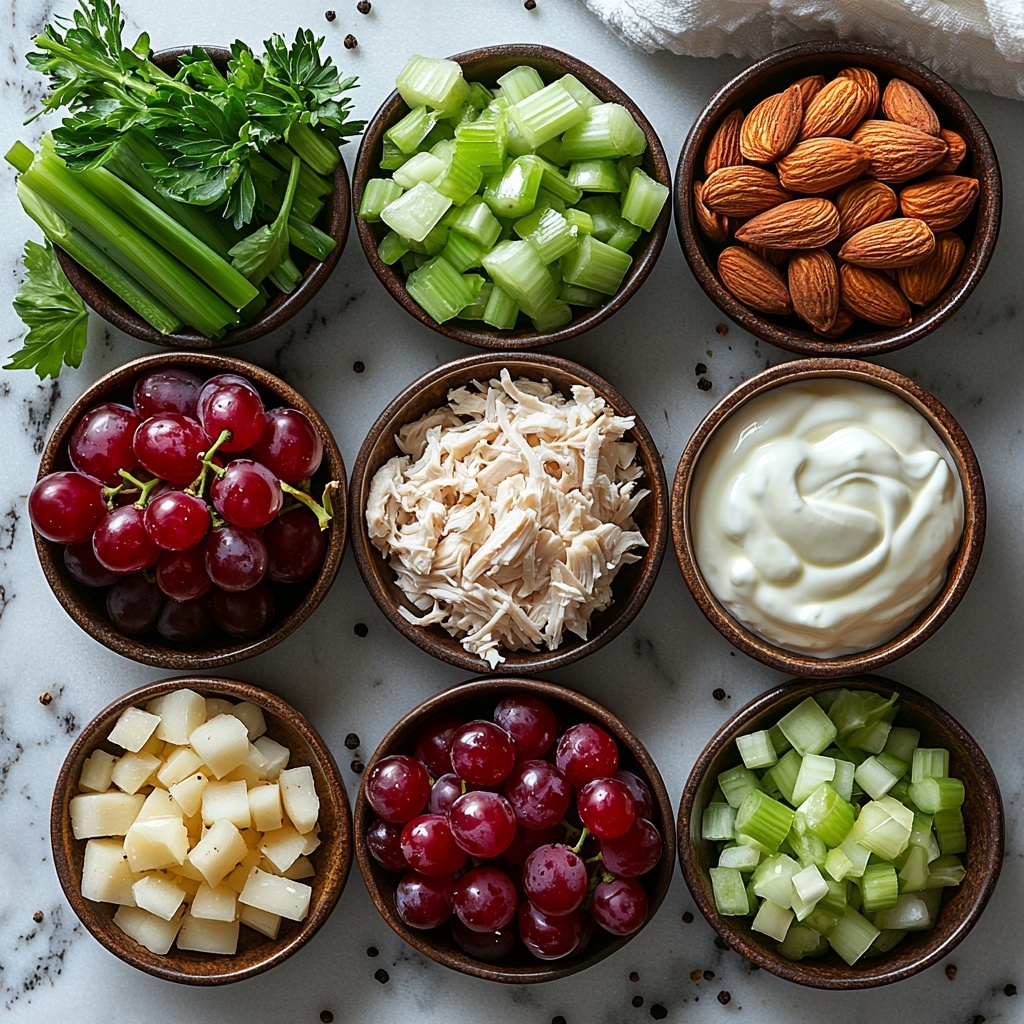 3 cups cooked chicken, chopped and shredded, showing tender white and golden textures; 2 stalks celery, diced into small crisp pale green cubes; 1 cup red grapes, halved, deep ruby red with glossy skins; 1/2 cup thinly sliced almonds, light tan and delicate; 3 green onions, thinly sliced, bright green with white bases; 2 tablespoons finely chopped fresh parsley, vibrant green and leafy; small bowls containing plain Greek yogurt, creamy and thick white; Dijon mustard in a small dish, smooth and mustard yellow; fresh lemon juice in a clear container, pale yellow liquid; celery seeds scattered sparingly, tiny brown textured seeds; small piles of salt and cracked black pepper, contrasting white and black granules. All ingredients meticulously arranged on a flawless white marble surface, spaced evenly with natural light illuminating textures and colors, shadows soft and minimal. Accents of rustic wooden spoons and a linen napkin add warmth and earthiness to the composition. The scene is styled to evoke freshness and wholesome simplicity, emphasizing clean lines and vibrant natural hues. Overhead shot, top down view, flat lay photography, professional food styling --ar 1:1 --q 2 --s 750 --v 6.1