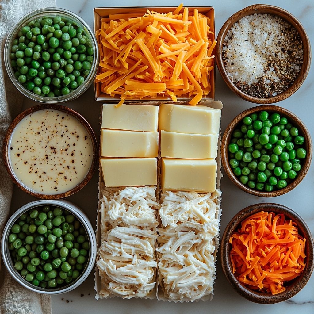 2 cups shredded cooked chicken, flaky and tender, next to a can of cream of chicken soup with smooth, creamy texture and pale beige color, a clear glass measuring cup filled with golden chicken broth, a small bowl of mixed vegetables showcasing bright green peas, vibrant orange carrot cubes, and yellow corn kernels, small piles of fine garlic powder and onion powder in white ceramic spoons, salt and pepper in tiny open bowls displaying coarse crystals and dark peppercorns, a generous mound of shredded sharp cheddar cheese in rich orange hues with stringy texture, a package of refrigerated biscuit dough partially opened revealing soft, pale dough rounds; all ingredients neatly arranged on a clean white marble surface with soft natural light casting gentle shadows, colors vivid and textures contrasting beautifully, styled with rustic wooden spoons and a light linen napkin to add warmth and depth, minimalistic and airy composition, overhead shot, top down view, flat lay photography, professional food styling --ar 1:1 --q 2 --s 750 --v 6.1