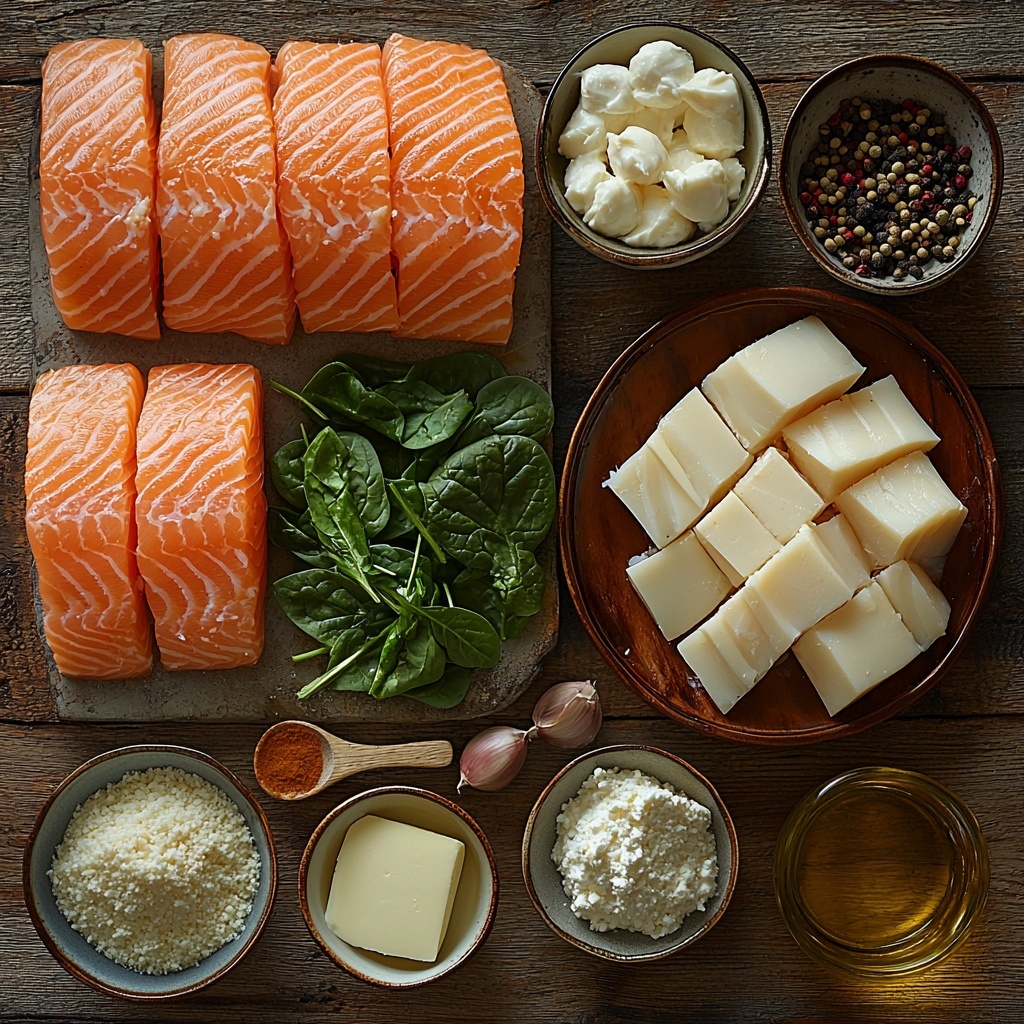 A clean, bright wooden surface with all main ingredients neatly arranged for flat lay photography: four large, skinless catfish fillets with a pale pinkish-white hue laid out side by side; a small vintage bowl of vibrant dark green cooked spinach, slightly glossy; a white ceramic bowl filled with plump, pink peeled and chopped shrimp; a small heap of shredded mozzarella cheese, soft and creamy white; a smooth dollop of softened cream cheese on a rustic stoneware dish; two small glass ramekins containing fine white all-purpose flour and bright golden beaten eggs respectively; a vintage bowl with golden-brown panko breadcrumbs mixed with fresh, finely chopped bright green parsley scattered lightly; a tiny wooden spoon resting beside a small dish of paprika powder, deep red and smoked; a small pile of garlic powder, off-white and finely ground; a salt cellar with coarse white salt crystals; a bowl of freshly ground black pepper with visible specks; and a small clear glass bottle of rich golden olive oil with a slight sheen. The ingredients are spaced evenly, with natural soft daylight highlighting the varied textures—from flaky fish fillets, fluffy cheese, to coarse breadcrumbs—and the contrasting colors create a balanced, inviting composition. Subtle shadows add depth and warmth, with minimal props to keep focus on the food elements. Overhead shot, top down view, flat lay photography, professional food styling --ar 1:1 --q 2 --s 750 --v 6.1