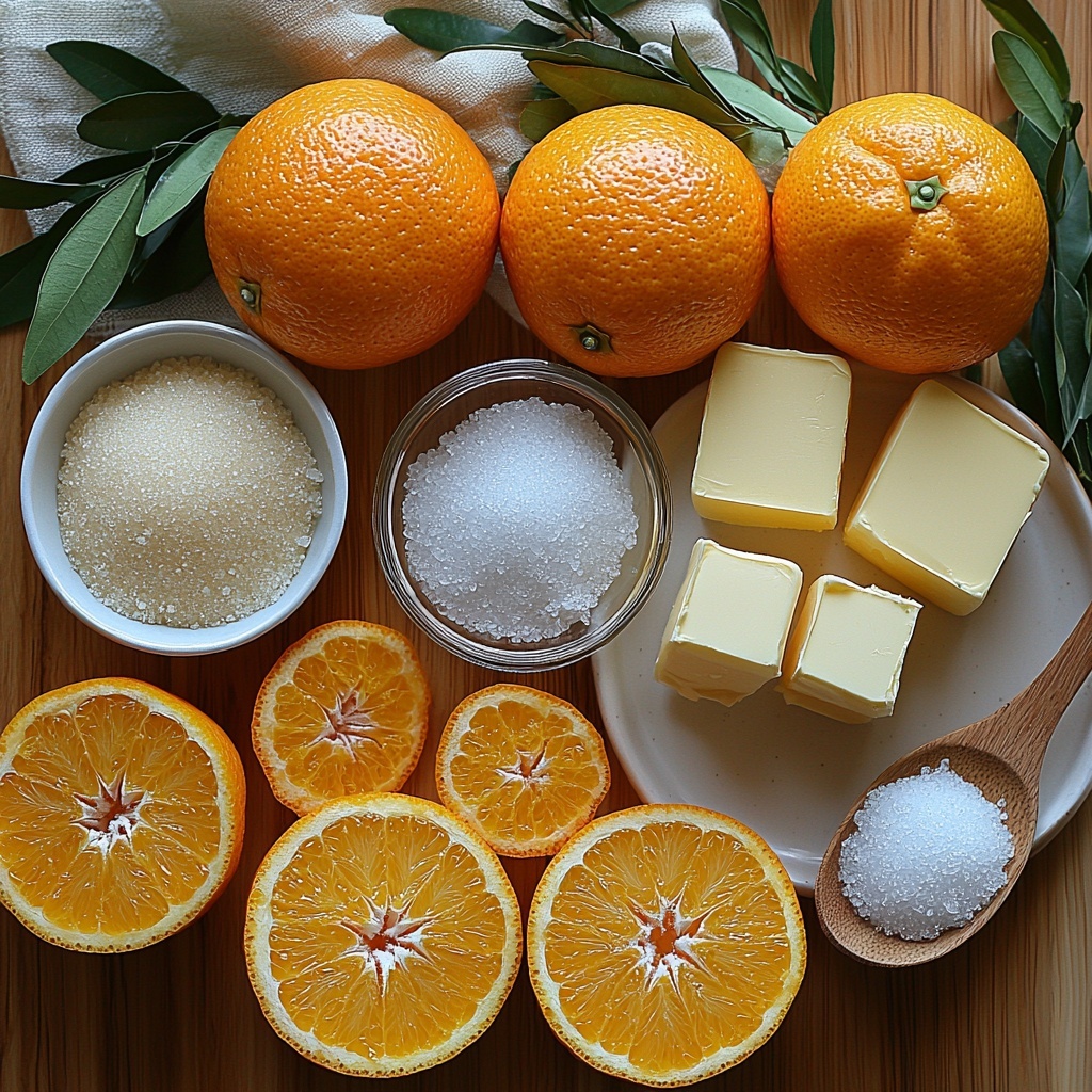 Zest of bright orange oranges finely grated into small curls beside whole fresh oranges, a small glass bowl filled with freshly squeezed vibrant orange juice, rustic white ceramic bowl with light brown raw cane sugar with visible granules, measuring cup with creamy white non-dairy milk (soy or almond), a heap of fine white cornstarch powder on a wooden spoon, a small pile of coarse sea salt crystals, cold vegan butter cut into neat pale yellow cubes on a clean white plate. Ingredients carefully arranged on a smooth, natural light wood surface with soft natural daylight creating gentle shadows and emphasizing fresh, vivid colors and varied textures. Minimal props with a few green leaves and a linen napkin for subtle contrast, clean and bright composition highlighting freshness and simplicity. Overhead shot, top down view, flat lay photography, professional food styling --ar 1:1 --q 2 --s 750 --v 6.1