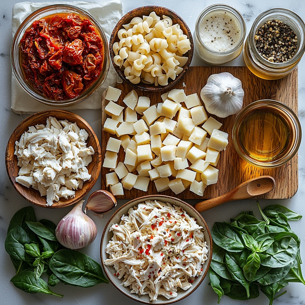 A clean white marble surface with all the main ingredients for Marry Me Chicken Soup neatly arranged for flat lay photography: a small rustic bowl of golden olive oil, a halved and diced large onion with its papery skin beside it, three cloves of garlic finely minced on a wooden board, a glass jar of rich red tomato paste with a spoon, a small bowl of chopped sun-dried tomatoes showcasing deep reddish-brown hues, an elegant teaspoon of dried Italian seasoning herbs, a pinch of bright red pepper flakes on white ceramic, a mound of uncooked pale ivory shell pasta, a small glass jug of creamy white heavy cream, shredded cooked chicken in natural off-white tones displayed loosely on parchment paper, a vibrant pile of fresh dark green spinach leaves with dewy textures, a small white bowl filled with finely grated pale yellow parmesan cheese, a cluster of freshly chopped bright green basil leaves, and salt and pepper grinders in sleek black and white contrasting colors. Everything is spaced evenly with natural daylight casting soft shadows, styled with wooden spoons and linen napkins for warmth and texture. Overhead shot, top down view, flat lay photography, professional food styling --ar 1:1 --q 2 --s 750 --v 6.1