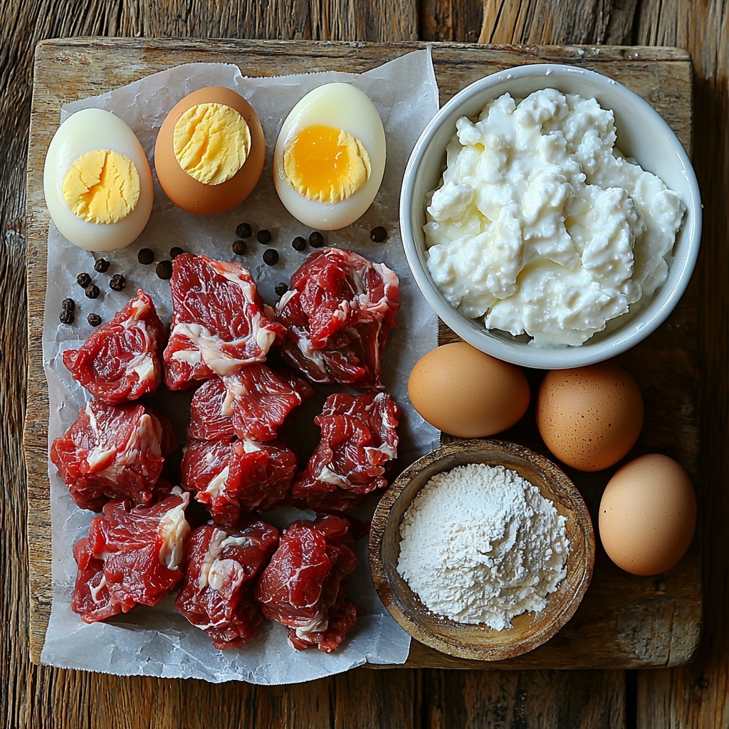 /Imagine prompt: A clean, light wooden surface arranged with the main ingredients for Albanian Tavë Kosi: chunks of raw lamb shoulder or leg with rich red and marbled white fat, a rustic small bowl of thick, creamy plain full-fat yogurt in soft white, three large brown eggs with smooth shells, a small mound of fine all-purpose flour in bright white powder, two golden pats of butter on parchment, three cloves of garlic with papery skins slightly cracked open revealing creamy interiors, coarse salt crystals in a tiny white ceramic dish, freshly ground black peppercorns scattered beside it, and a small pile of uncooked white rice grains adding texture. The ingredients are spaced evenly with natural soft daylight highlighting the varied textures—glossy yogurt, silky eggs, chunky lamb, and powdery flour. Minimal shadows, neutral background, subtle touches of rustic kitchen linen in warm beige tones. Overhead shot, top down view, flat lay photography, professional food styling --ar 1:1 --q 2 --s 750 --v 6.1