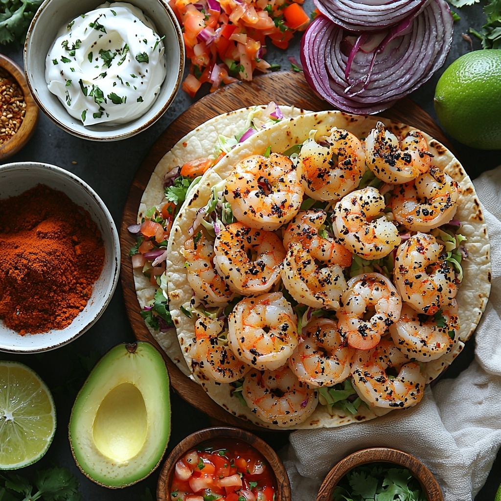 /Imagine prompt: A clean, bright surface showcasing the main ingredients for grilled shrimp tacos with avocado lime slaw arranged neatly for a vibrant flat lay. On the left, a small bowl of large raw shrimp, peeled and deveined, glistening slightly with olive oil. Nearby, small ceramic bowls hold individual spices: ancho chili powder with deep red hues, garlic powder and onion powder in pale beige, and cumin with warm brown tones. Freshly cracked black peppercorns scattered loosely for texture. A halved avocado, one half diced into creamy green cubes, the other sliced thinly, rests on a wooden board. A white bowl filled with shredded green cabbage adds fresh, crisp texture, accented by thin slices of bright purple-red onion fanned out on a white plate. A small pile of finely chopped vibrant green cilantro adds a pop of color. A wedge of lime with fresh zest visible nearby, alongside a small dish of sour cream and another of mayonnaise, both smooth and glossy. A small bottle or drizzle of fiery red hot sauce complements the palette. Four soft, warm flour tortillas stacked slightly askew on a linen napkin, showing their soft, pliable texture. The arrangement emphasizes color contrast between the creamy avocado, bright lime, deep red spices, and fresh vegetables, with natural light highlighting textures and freshness. Overhead shot, top down view, flat lay photography, professional food styling --ar 1:1 --q 2 --s 750 --v 6.1
