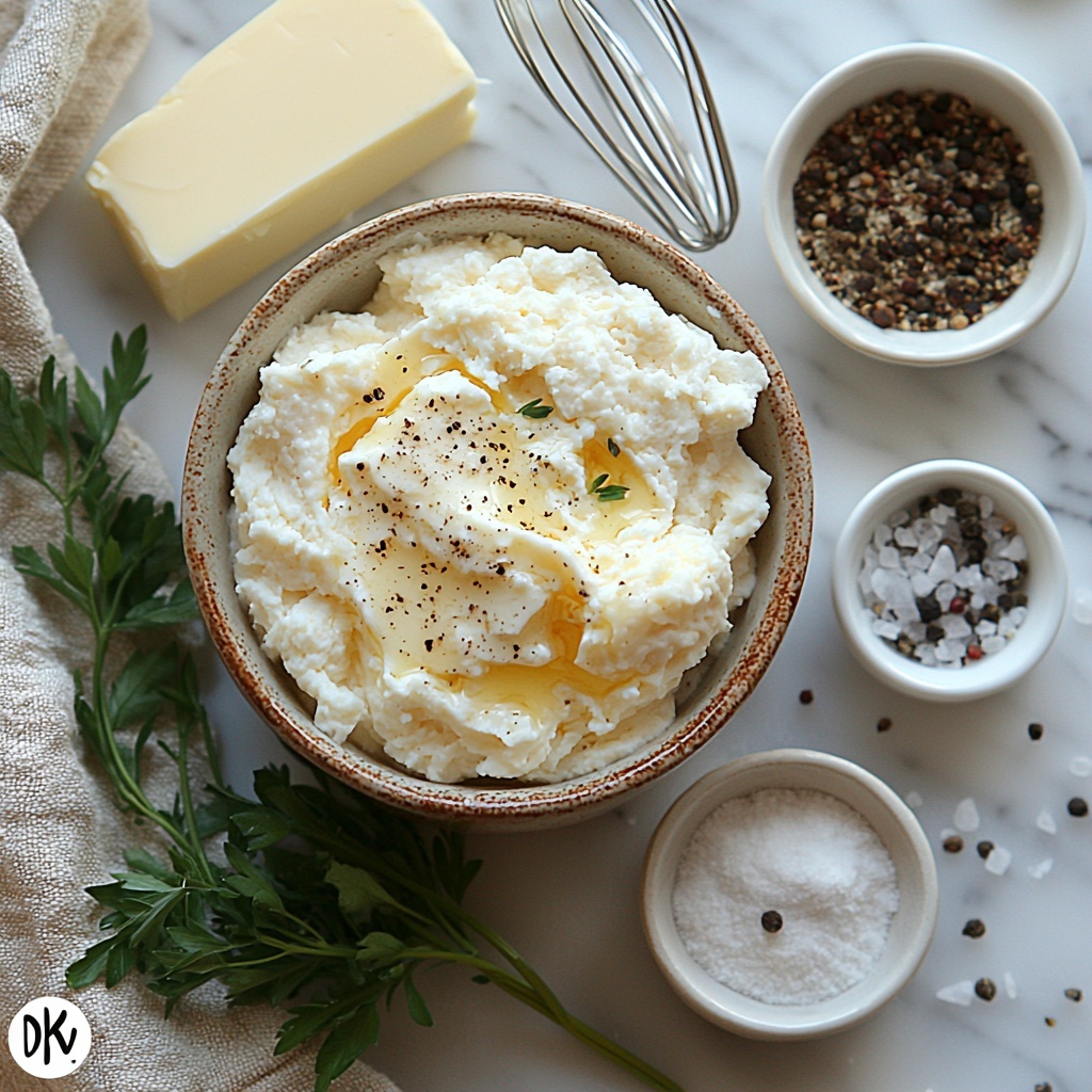 Butter, all-purpose flour, turkey drippings in a clear measuring cup, small bowls of salt, pepper, and onion powder, fresh chopped parsley and thyme sprigs scattered delicately; ingredients arranged neatly on a clean white marble surface, butter in a small vintage ramekin, flour in a rustic ceramic bowl, Turkey drippings with a rich amber color showing slight viscosity, herbs providing fresh green contrast, seasonings in tiny white dishes; soft natural light casting gentle shadows, emphasis on textures like the smooth butter, powdery flour, and glossy drippings, subtle sprinkles of herbs adding pops of color, minimalist styling with neutral linen napkin folded at the edge, wire whisk and flat spatula placed diagonally nearby; overhead shot, top down view, flat lay photography, professional food styling --ar 1:1 --q 2 --s 750 --v 6.1