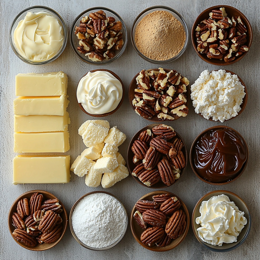 170 g unsalted butter, softened, smooth pale yellow block; 55 g rich brown sugar, granulated with deep caramel tones; 0.25 teaspoon fine salt crystals; 0.5 teaspoon ground cinnamon, warm brown powder; 125 g all-purpose flour, soft white powder; 60 g chopped toasted pecans, golden-brown nut pieces; 225 g cream cheese, softened, creamy white dollop; 120 g powdered sugar, fine white dusting; 360 g whipped topping, fluffy and bright white, shown in a light mound; 1 teaspoon vanilla extract, small clear glass bottle with amber liquid; 2 packets (2 x 110 g) caramel instant pudding mix, shiny golden-brown powder spilling slightly; 710 ml cold milk in a clear glass measuring cup, creamy white liquid; 180 g whipped topping for top layer, airy white swirl; 100 g chopped pecans for topping, toasted golden chunks; 100 g brown sugar for topping, coarse granules in warm brown; 0.5 teaspoon ground cinnamon for topping, tiny heap of brown powder; 70 ml caramel dessert sauce, glossy golden caramel in a small bowl with smooth shine

All ingredients neatly arranged on a clean, bright white matte surface, spaced evenly but close enough to show connection. Textures clearly visible from powdery, fluffy, creamy to crunchy nuts and glossy sauce, creating a harmonious contrast of warm browns, whites, and caramel tones. Light natural soft light from one side creating gentle shadows enhancing the depth and contours. Minimalistic styling with a few small wooden spoons and a linen napkin casually placed nearby to add warmth and invite touch. Overhead shot, top down view, flat lay photography, professional food styling --ar 1:1 --q 2 --s 750 --v 6.1