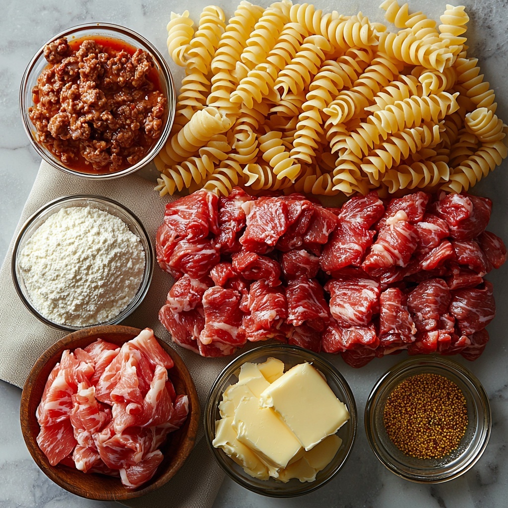 6 strips of crispy golden-brown bacon cut into thirds and roughly chopped, raw ground beef seasoned with steak seasoning in a small bowl showing rich red and marbled texture, a small mound of rotini pasta with tight spirals, a pat of creamy golden butter or glistening bacon drippings in a small dish, three tablespoons of white all-purpose flour softly piled, a small glass bowl with smooth heavy cream, a small cup of white milk, a small clear bowl containing light brown chicken broth, tiny bowls with bright yellow mustard, glossy red ketchup, pale greenish-yellow dill pickle juice, dark shiny Worcestershire sauce, and deep red hot sauce arranged in neat ramekins, a heap of shredded sharp cheddar cheese showing vibrant orange and fluffy texture. All ingredients spaced evenly and neatly on a clean, matte white surface with soft natural light enhancing the vivid colors and varied textures. Minimal shadows, with a rustic wooden spoon and a folded beige linen napkin placed artistically nearby to add warmth and depth. Overhead shot, top down view, flat lay photography, professional food styling --ar 1:1 --q 2 --s 750 --v 6.1
