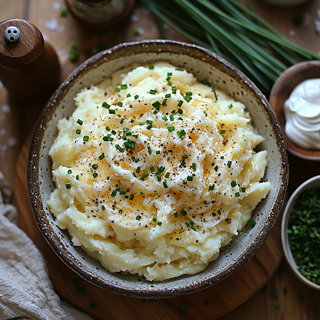 3 eggs in a small rustic bowl with smooth, glossy shells, a generous mound of creamy, fluffy mashed potatoes in a white ceramic bowl, a small wooden bowl filled with shredded Monterey Jack cheese showcasing soft, stringy texture and pale yellow tones, a delicate white dish holding finely chopped fresh chives with vibrant green hues, a vintage salt cellar and pepper grinder nearby for seasoning, a dollop of thick, velvety sour cream on a small spoon, all carefully arranged on a clean, light wooden surface with subtle natural grain, soft natural lighting casting gentle shadows to highlight textures, minimalistic styling with a few scattered chives for color contrast, crisp and bright colors emphasizing freshness and homemade comfort, overhead shot, top down view, flat lay photography, professional food styling --ar 1:1 --q 2 --s 750 --v 6.1