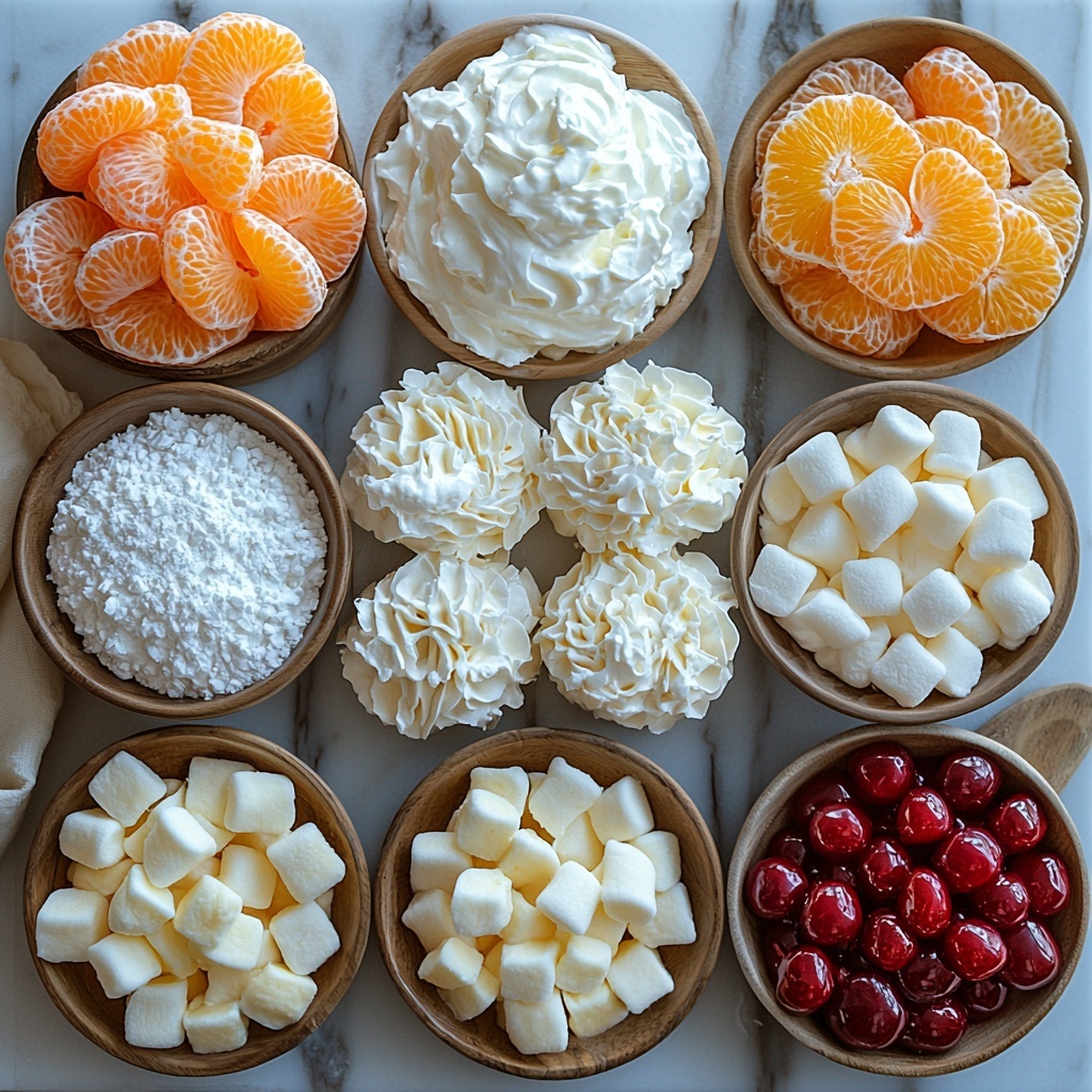 A clean white marble surface with neatly arranged small bowls and piles of key ingredients for Ambrosia Fruit Salad: a bowl of fluffy whipped cream with soft peaks, a small dish of fine white powdered sugar, a spoonful of creamy plain Greek yogurt with a smooth texture, a neat mound of shredded sweetened coconut in bright white strands, drained glossy mandarin orange segments showing vibrant orange color, a small bowl of golden pineapple tidbits with juicy, translucent texture, a cluster of shiny bright red maraschino cherries with stems removed, a scattering of pastel-colored mini fruit-flavored marshmallows in soft pink, yellow, green and white hues, and optional add-ins placed separately including chopped pecans with rich brown tones and sliced bananas with fresh pale yellow slices. The ingredients are spaced evenly with gentle natural light casting soft shadows, styled with rustic wooden spoons and a crisp linen napkin for contrast. The composition emphasizes color contrast, texture variety, and balanced negative space for an inviting overhead shot, top down view, flat lay photography, professional food styling --ar 1:1 --q 2 --s 750 --v 6.1