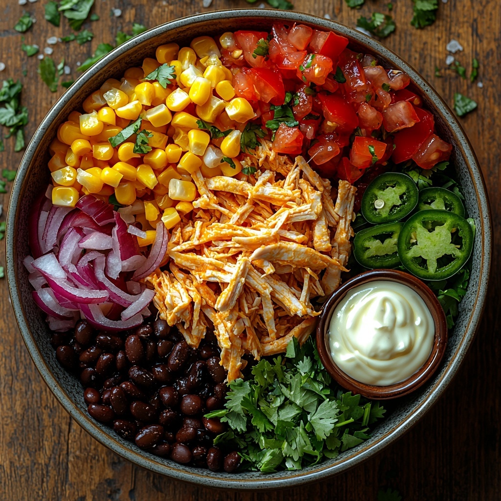 6 cups shredded cooked chicken breast, a can of black beans rinsed and drained, a can of drained corn kernels, 1 ½ cups chopped red tomatoes, 1 cup shredded bright orange cheddar cheese, ½ small finely chopped red onion, 1 small finely chopped green jalapeno, ⅓ cup vibrant green chopped cilantro, a small bowl with creamy white mayo or Greek yogurt mixed with fresh lime juice, golden honey in a small drizzle, and a small dish of warm brown taco seasoning powder, scattered salt and black peppercorns nearby, all arranged neatly on a clean, light wooden surface to highlight natural colors and textures; ingredients grouped in small bowls and some loose for visual variety, pops of deep reds, greens, yellows, and earthy tones contrasting with the white creamy dressing bowl, natural soft daylight creating gentle shadows and enhancing freshness; overhead shot, top down view, flat lay photography, professional food styling --ar 1:1 --q 2 --s 750 --v 6.1