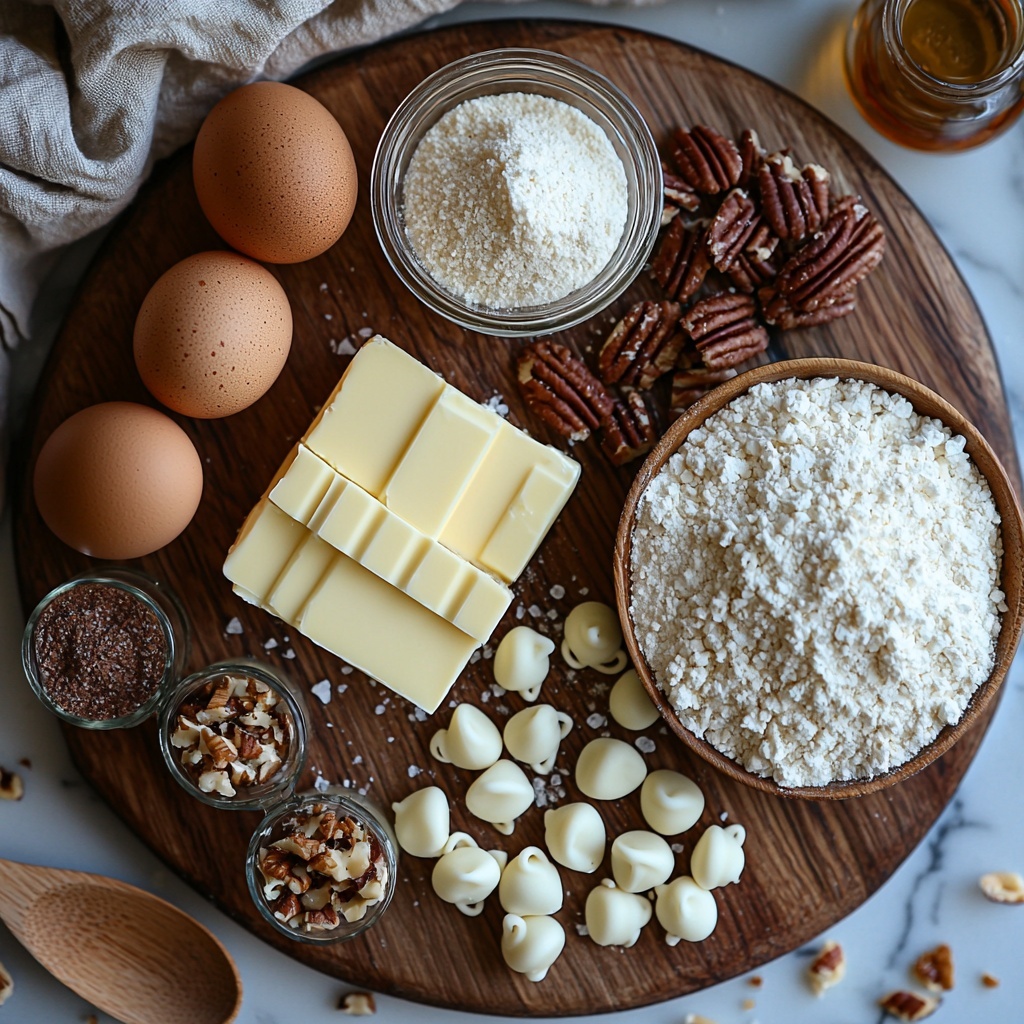 white chocolate chips in a small clear bowl, half cup unsalted butter as a smooth block on parchment paper, granulated sugar in a glass jar with a wooden spoon, two large brown eggs with smooth shells, a small glass bowl of vanilla extract dark amber liquid, one cup all-purpose flour in a neat round mound on a wooden cutting board, a small heap of coarse salt crystals, half cup chopped nuts scattered loosely on a rustic ceramic plate, all ingredients carefully spaced on a clean white marble surface, natural soft lighting highlighting the creamy whites, warm browns, and subtle textures, gentle shadows adding depth, minimal props with natural linen napkin and light wood utensils to complement the neutral palette, composition balanced and harmonious with negative space for an airy feel, overhead shot, top down view, flat lay photography, professional food styling --ar 1:1 --q 2 --s 750 --v 6.1