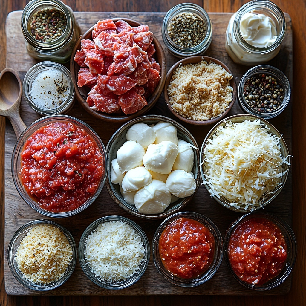 a clean, bright surface with all main ingredients for Chicken Parmesan Cups arranged neatly in individual bowls and small piles: raw ground chicken showing pale pink and moist texture in a glass bowl, golden breadcrumbs in a small rustic ceramic bowl, finely grated Parmesan cheese in a neat mound with its light, crumbly texture visible, vibrant red marinara sauce with a glossy finish in a white ramekin, fluffy shredded mozzarella cheese pure white and piled loosely, small glass jars holding Italian seasoning and garlic powder with textures of finely ground herbs and powder, salt and pepper in tiny open dishes, subtle shadows enhancing the colors and natural textures, fresh and inviting kitchen setting with minimal props like a wooden spoon and linen cloth nearby—all ingredients spaced evenly for clarity and harmony, warm natural light casting soft highlights and gentle shadows emphasizing textures, styled with a modern rustic vibe, focus on vivid colors and texture contrasts, overhead shot, top down view, flat lay photography, professional food styling --ar 1:1 --q 2 --s 750 --v 6.1