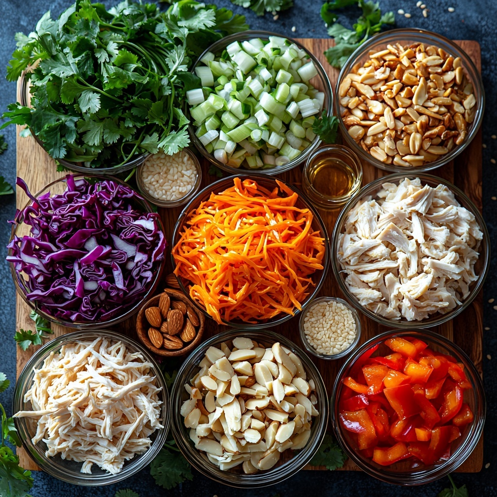 A clean, bright surface with all main ingredients of a Chinese chicken salad arranged in an inviting flat lay composition: shredded cooked chicken breasts with tender, white and golden-brown hues; mixed greens including vibrant green romaine and shredded pale cabbage scattered loosely; bright orange shredded carrots in a small neat pile; thinly sliced red bell pepper strips showing glossy, deep red tones; chopped green onions with fresh vivid green and white segments; a small bowl of toasted almonds with warm brown, slightly shiny surfaces; a pile of crispy golden wonton strips or crunchy chow mein noodles adding texture; fresh cilantro leaves in a small bunch with bright green color; dressing ingredients carefully laid out in small clear bowls – translucent amber rice vinegar, dark soy sauce with its deep brown color, a small dish of golden sesame oil, a spoonful of rich honey or maple syrup, a mound of pale yellow Dijon mustard, finely grated fresh ginger with light tan strands, minced garlic cloves showing off their off-white tones, and a scattering of ivory sesame seeds. Natural soft lighting casts gentle shadows emphasizing the textures: crisp greens, crunchy almonds and wontons, tender chicken fibers. Subtle styling includes wooden cutting boards, linen napkin edges peeking in, and delicate herbs arranged to balance the composition. Overhead shot, top down view, flat lay photography, professional food styling --ar 1:1 --q 2 --s 750 --v 6.1