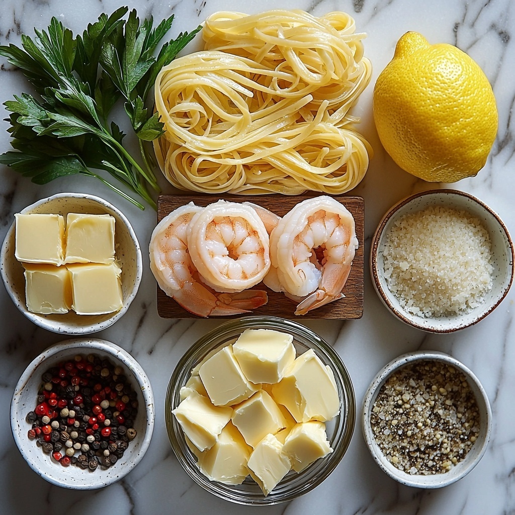 Flat lay photography of fresh raw ingredients for Lemon Butter Garlic Shrimp Pasta arranged neatly on a clean white marble surface: uncooked linguine pasta in a small glass bowl with golden-yellow strands, plump large raw shrimp with pink and translucent shells, four cloves of garlic peeled and minced in a small white ceramic dish, a halved lemon showing bright yellow juicy flesh alongside a small pile of lemon zest, a small vintage silver dish with creamy unsalted butter cubes, a shallow bowl of red pepper flakes, a pinch of coarse sea salt and black peppercorns in tiny white bowls, a bunch of fresh vibrant green parsley with delicate leaves, and a small ramekin of grated pale yellow Parmesan cheese. Natural soft daylight illuminates the scene, highlighting the textures — the smooth lemon rind, glistening shrimp, and silky pasta strands — with minimal shadows. Composition is balanced and harmonious with ingredients spaced evenly for visual clarity and appeal, styled with rustic wooden and white ceramic props subtly in frame. Overhead shot, top down view, flat lay photography, professional food styling --ar 1:1 --q 2 --s 750 --v 6.1