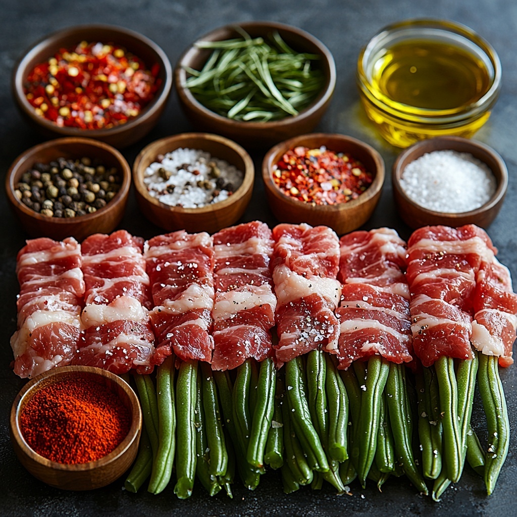 Fresh green beans with vibrant deep green color, neatly trimmed and aligned in small bundles; raw beef bacon slices with rich marbled red and white fat texture, slightly curled; small rustic wooden bowls containing coarse black pepper, fine garlic powder, flaky sea salt, and crushed red pepper flakes with bright red flecks; a small glass dish of golden olive oil glistening under soft light; a sprinkle of smoky paprika in a tiny ceramic spoon with a warm reddish-brown hue. All ingredients carefully arranged on a clean, matte white surface, spaced evenly with natural shadows to highlight textures and colors. Composition balanced with some green bean bundles wrapped in beef bacon centrally placed, seasoning bowls around them, and olive oil slightly off-center for visual interest. Soft natural lighting enhancing the freshness and rich tones, minimal props to keep focus on ingredients, styled with subtle rustic charm. Overhead shot, top down view, flat lay photography, professional food styling --ar 1:1 --q 2 --s 750 --v 6.1