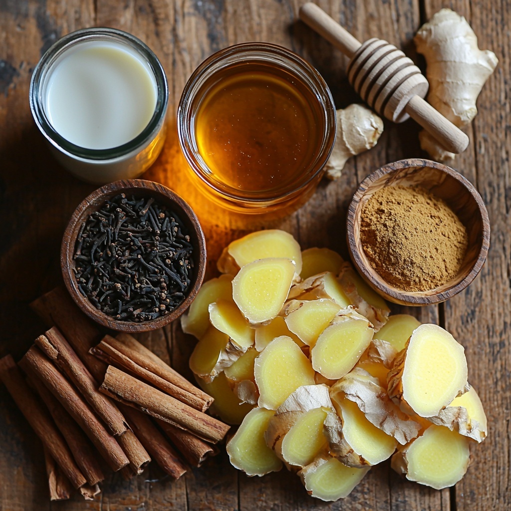 2 cups filtered water in a clear glass measuring cup, two black tea bags with visible tea leaves, 1 inch fresh ginger sliced into thin, pale yellow pieces with fibrous texture, 1 tsp amber-colored pure vanilla extract in a small glass bowl, 1-2 rich brown cinnamon sticks with rough bark texture, 4 greenish-brown crushed cardamom pods showing seeds, 1 cup whole milk or creamy white plant-based milk alternatives in a small ceramic pitcher, 2 tbsp golden honey with viscous texture in a wooden honey dipper, natural light casting soft shadows, all ingredients neatly arranged on a clean warm wooden surface with subtle grain, some spices slightly scattered for an organic feel, rustic and cozy styling with warm tones, minimalistic white linen napkin partially visible, overhead shot, top down view, flat lay photography, professional food styling --ar 1:1 --q 2 --s 750 --v 6.1