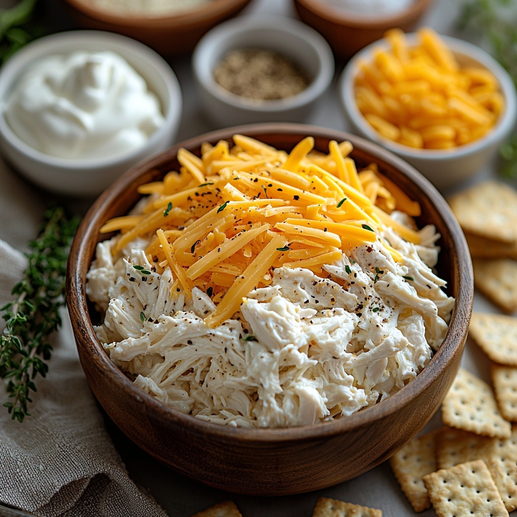 3 cups shredded cooked chicken in a small rustic bowl, tender white and light brown textures visible; 2 cups creamy cheese sauce smooth and pale yellow in a glass measuring cup; 1 cup crushed golden crackers with crumbly texture scattered loosely on a white ceramic plate; 1/2 cup shredded cheddar cheese bright orange-yellow, delicately piled in a small wooden bowl; 1/2 cup sour cream thick and glossy white in a small white porcelain bowl; 1/2 cup chicken broth clear light amber liquid in a clear glass cup; small white bowls containing garlic powder, fine white powder, and a mix of coarse salt and black peppercorns; all ingredients arranged neatly on a clean, matte white surface with soft natural light casting gentle shadows, subtle linen napkin folded to one side, minimalistic styling emphasizing textures and warm neutral colors, crisp focus on each element, overhead shot, top down view, flat lay photography, professional food styling --ar 1:1 --q 2 --s 750 --v 6.1