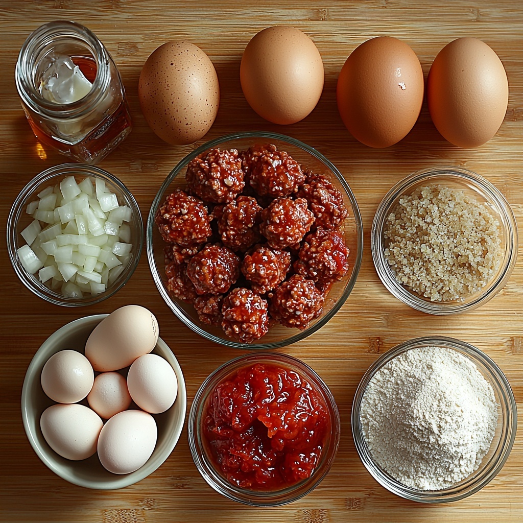 A clean, light wooden surface neatly arranged with the main ingredients for sweet and sour meatballs: two pounds of raw ground beef in a small glass bowl showcasing its rich red texture; two large brown eggs placed side by side with smooth shells; a small white bowl filled with fine dry bread crumbs in pale beige; a small heap of minced garlic cloves, fresh and creamy white; a teaspoon of coarse salt crystals scattered gently beside a small pile of cracked black peppercorns; a clear glass bowl of diced white onions with translucent, slightly glossy pieces; a packed mound of dark caramel-colored brown sugar on a rustic ceramic dish; a measuring cup filled with clear water reflecting light; a small glass container of distilled white vinegar with a subtle sheen; three tablespoons of pale beige all-purpose flour lightly dusted near a small bowl of warm reddish-brown soy sauce; and a bright, glossy dollop of vibrant red ketchup on a white ceramic spoon. Each ingredient spaced evenly with natural lighting enhancing the varied textures—from the softness of eggshells to the fine granules of sugar and the moistness of beef—styled with minimal props and a slight shadow for depth. Overhead shot, top down view, flat lay photography, professional food styling --ar 1:1 --q 2 --s 750 --v 6.1