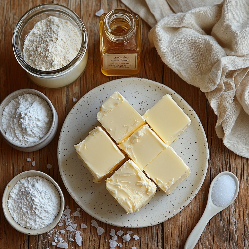 Unsalted butter softened to room temperature, creamy pale yellow cube on a small white ceramic plate; fine white powdered sugar in a neat glass bowl with soft powdery texture; a small clear glass measuring cup with rich, smooth heavy cream; a delicate glass bottle of golden vanilla extract with a wooden cork; a small white porcelain spoon holding ½ teaspoon of fine salt crystals; all ingredients arranged neatly on a clean, light wooden surface with subtle natural grain visible, balanced spacing between items, soft natural lighting highlighting textures and colors, minimal shadows, a hint of kitchen linen fabric in soft cream color partially framing the scene, overhead shot, top down view, flat lay photography, professional food styling --ar 1:1 --q 2 --s 750 --v 6.1