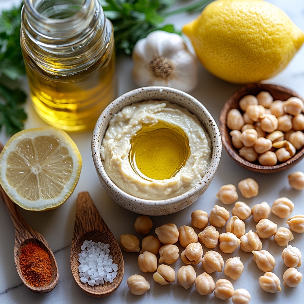 Good-quality tahini in a small ceramic bowl with pale beige creamy texture, a glass jar of extra virgin olive oil showing golden yellow oil with light reflections, a fresh lemon cut in half revealing bright yellow juicy flesh, two peeled garlic cloves with smooth off-white surfaces, a small bowl of rinsed chickpeas displaying their round light beige forms with subtle texture, a heap of fine sea salt crystals sparkling white, a small dish of ground cumin with warm earthy brown powder, scattered toasted pine nuts with light golden tones, a sprig of fresh parsley with vibrant green leaves, a small pile of ground sumac or paprika showing deep red and purplish powdery hues—all neatly arranged on a clean white marble surface with soft natural light and gentle shadows, styled for contrast and harmony with rustic wooden spoons and linen napkin accents, overhead shot, top down view, flat lay photography, professional food styling --ar 1:1 --q 2 --s 750 --v 6.1
